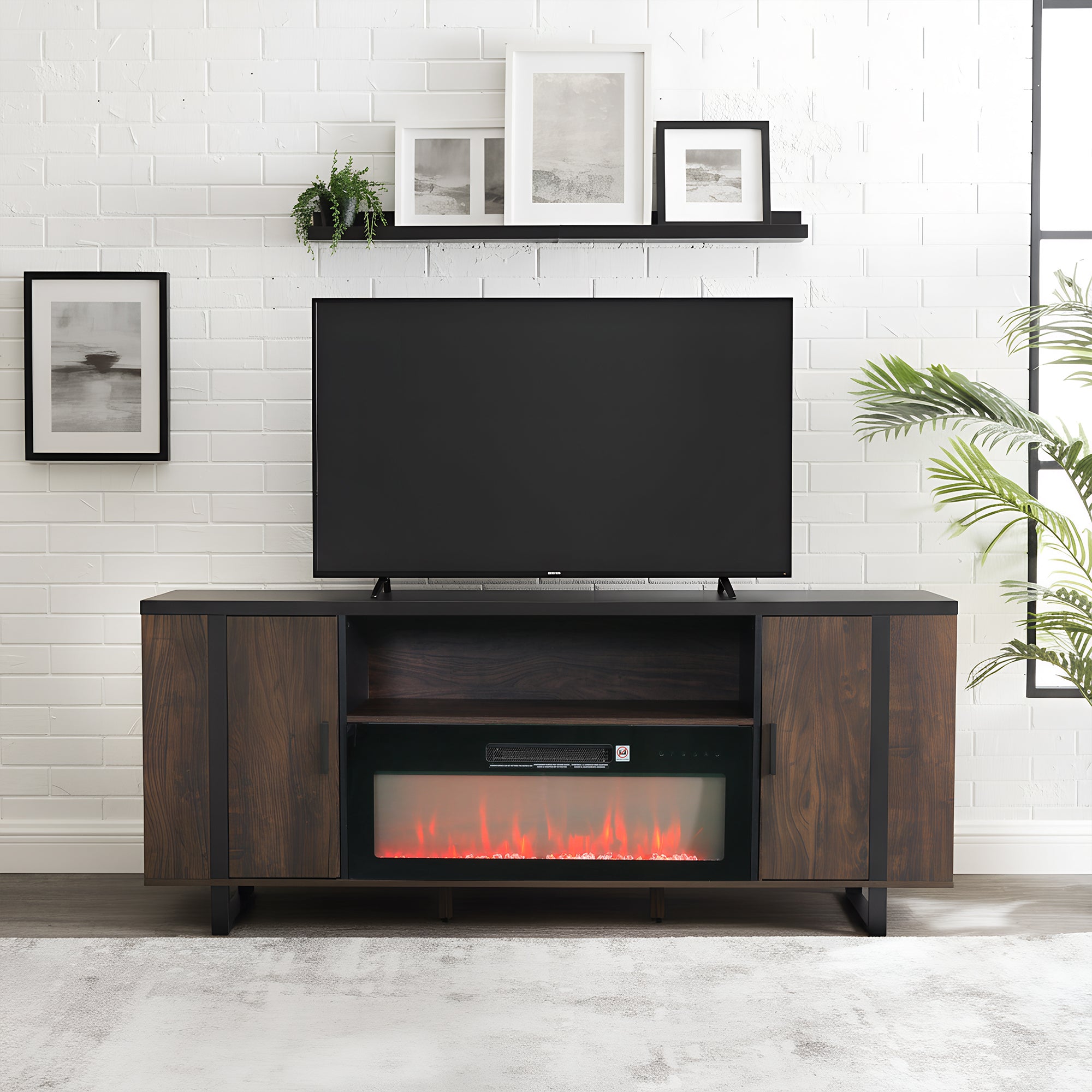72 Inch Both Sides Open Shelves TV Stand with 36 Inch Electric Fireplace for Living Room