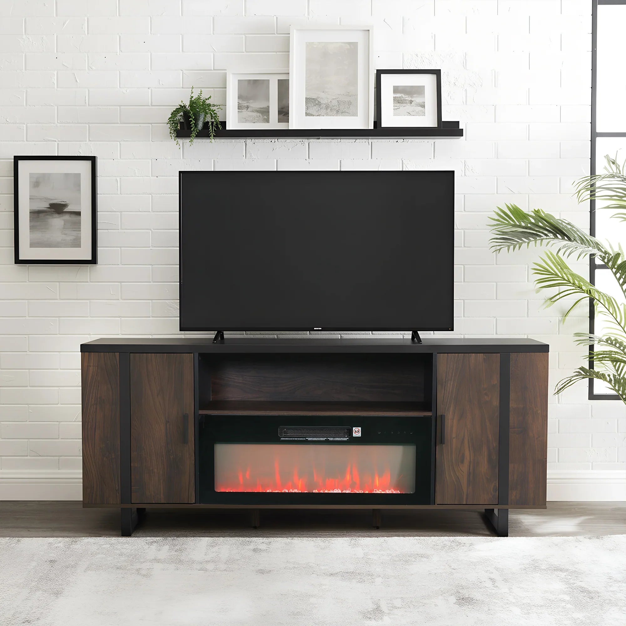 72 Inch Both Sides Open Shelves TV Stand with 36 Inch Electric Fireplace for Living Room
