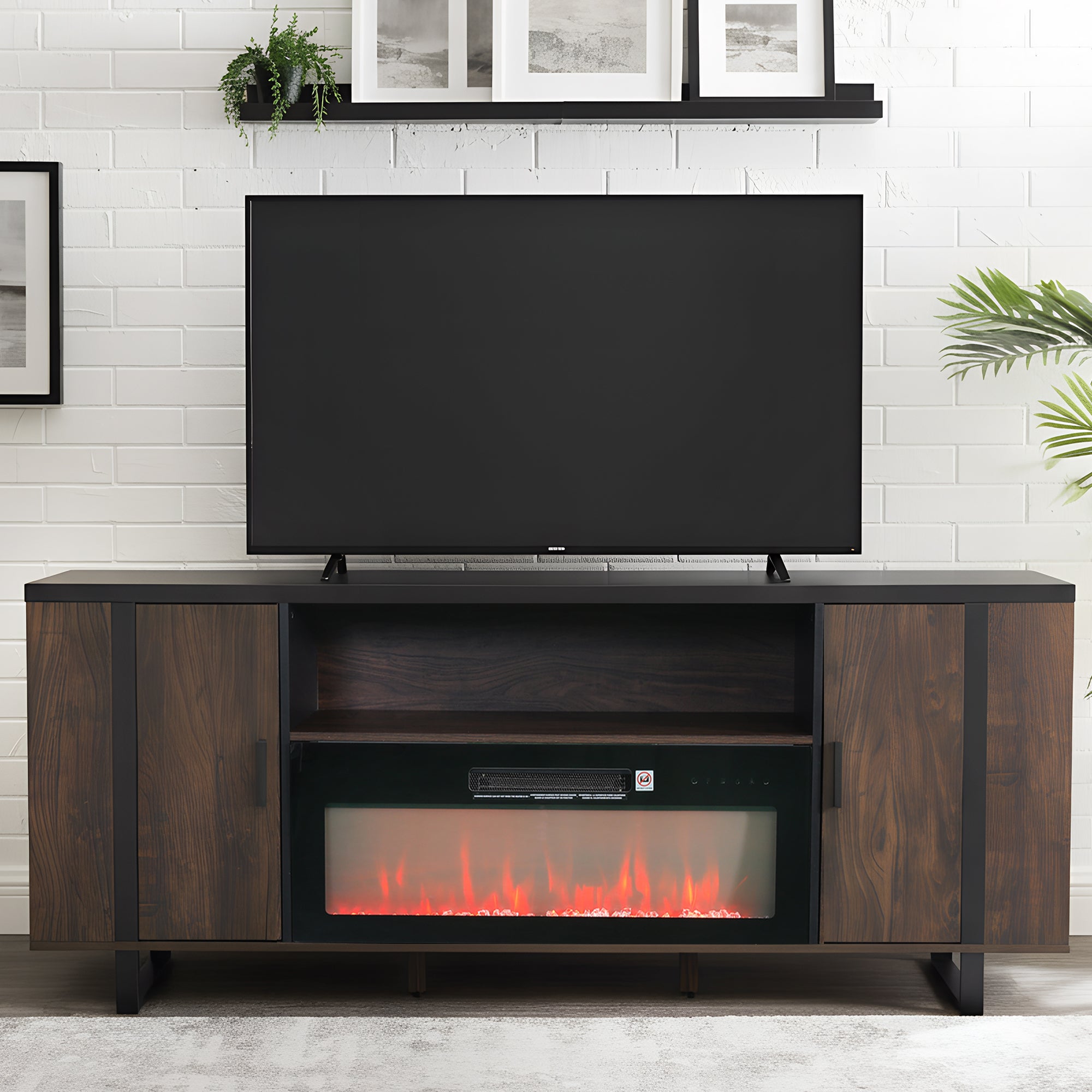 72 Inch Both Sides Open Shelves TV Stand with 36 Inch Electric Fireplace for Living Room