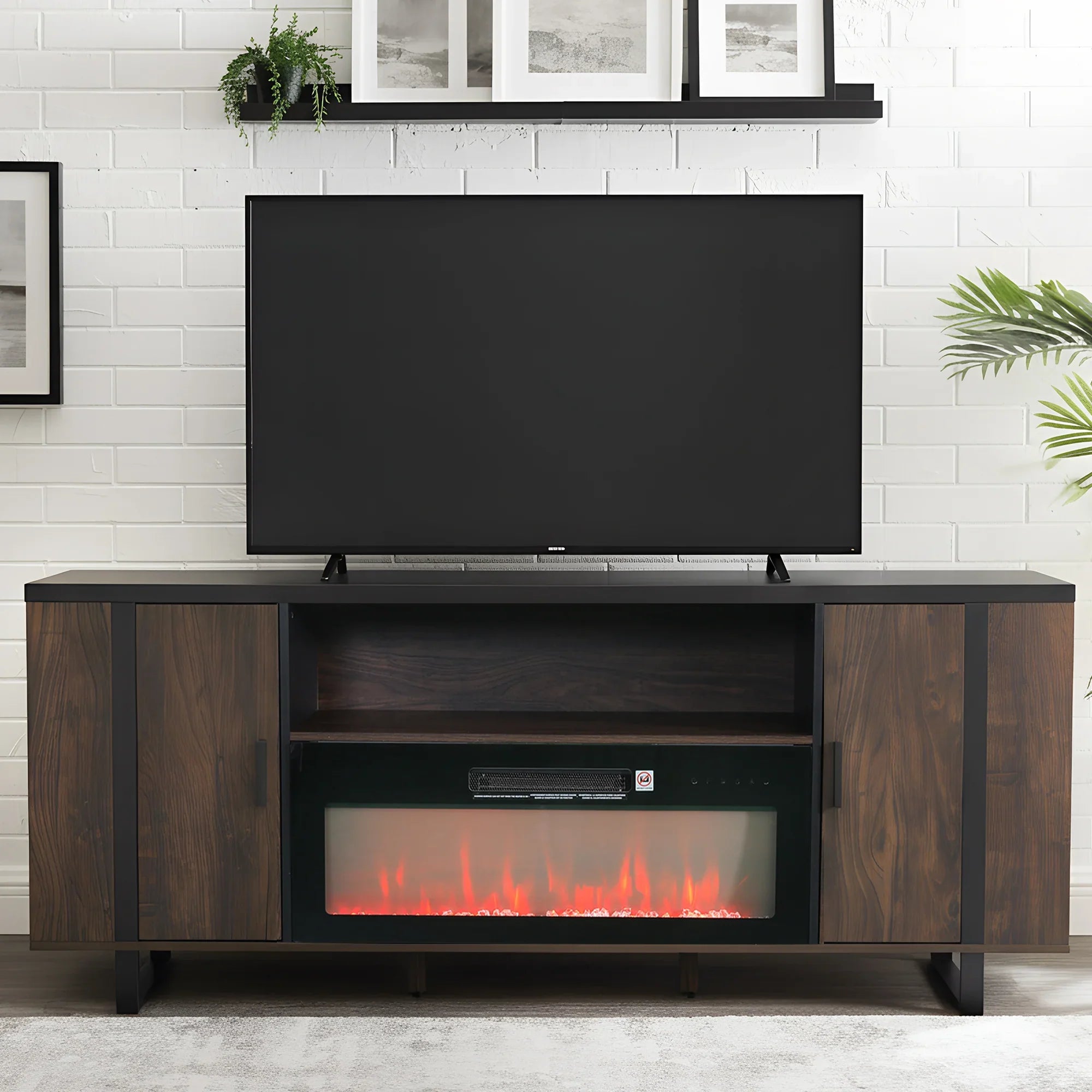 72 Inch Both Sides Open Shelves TV Stand with 36 Inch Electric Fireplace for Living Room