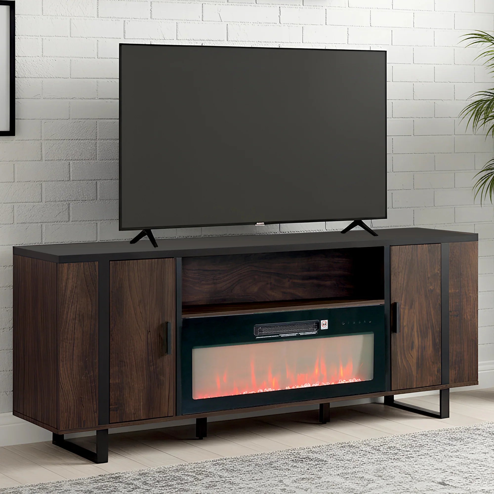 72 Inch Both Sides Open Shelves TV Stand with 36 Inch Electric Fireplace for Living Room