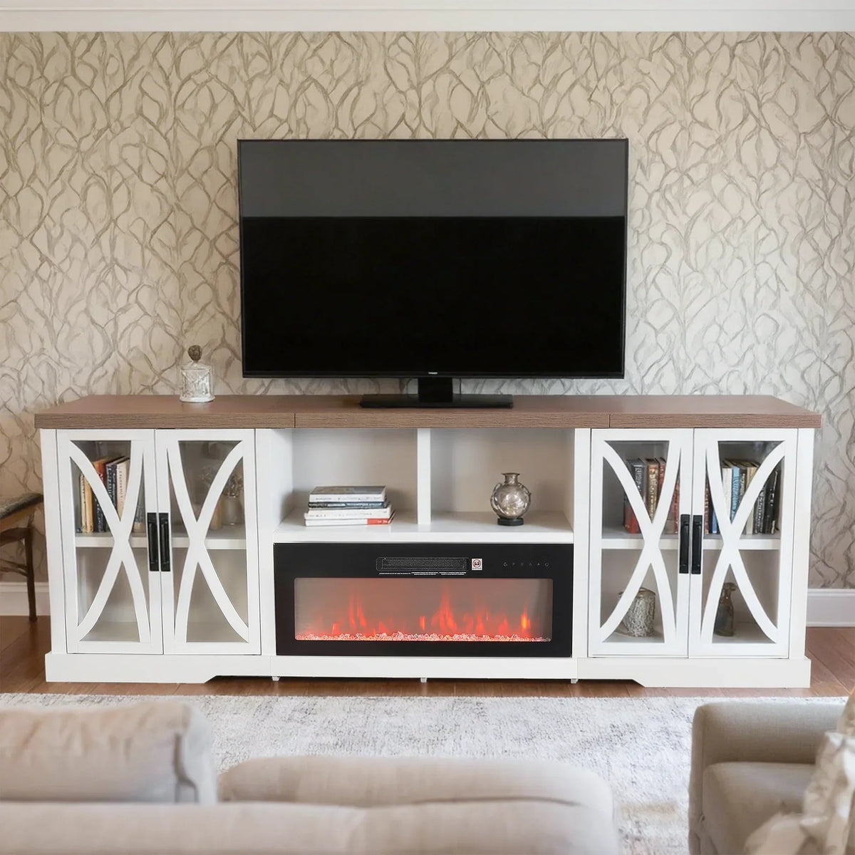 93 Inch TV Stand Storage Cabinets with 36 Inch Electric Fireplace for Living Room
