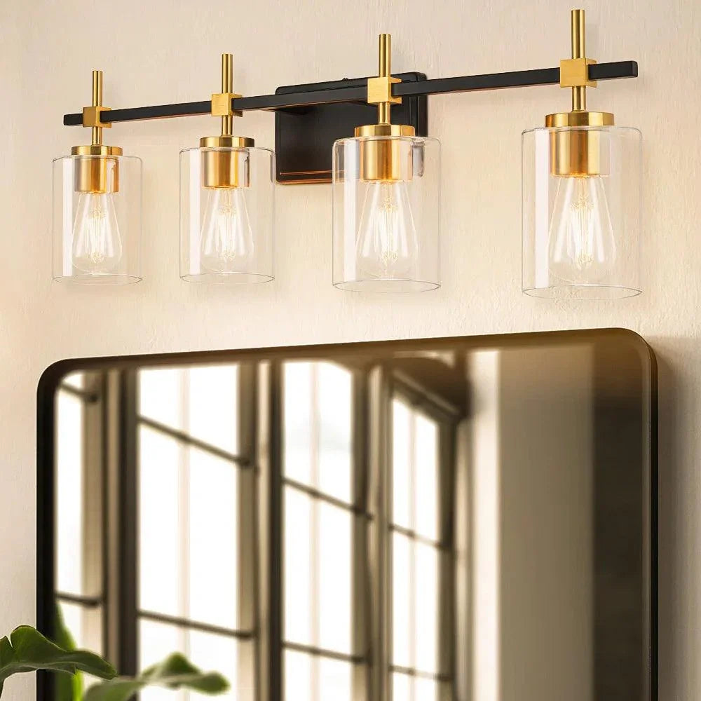 Lámpara de tocador para baño de 4 luces de vidrio transparente negro y dorado Jasper