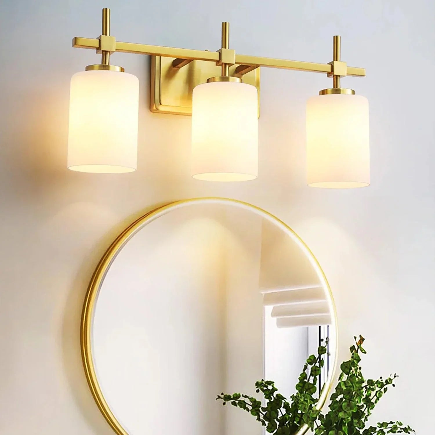 Lámpara de tocador de baño moderna de 3 luces de vidrio esmerilado en color dorado jaspeado