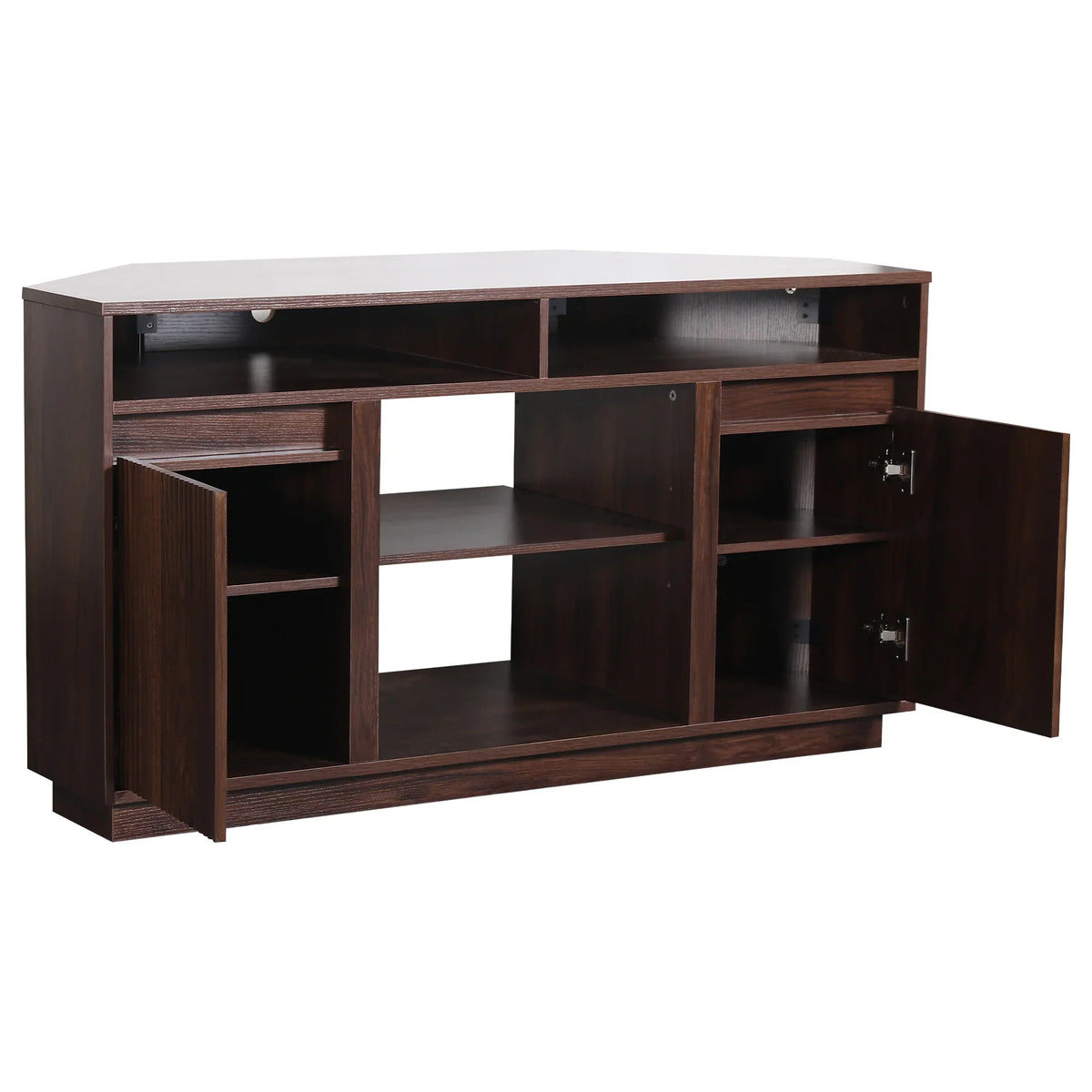 Dark brown wooden TV stand with open shelving and two open cabinet doors