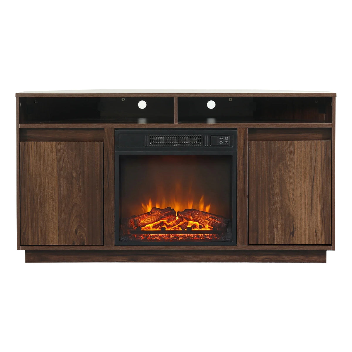 Dark walnut TV stand with integrated electric fireplace and storage cabinets