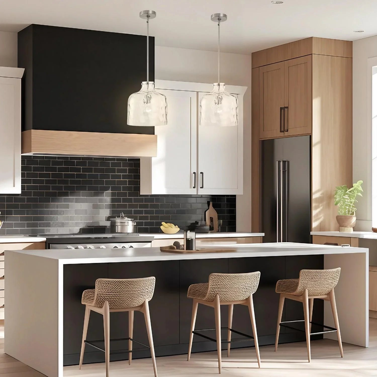 Lámpara colgante Kara Farmhouse de una luz con vidrio texturizado y níquel