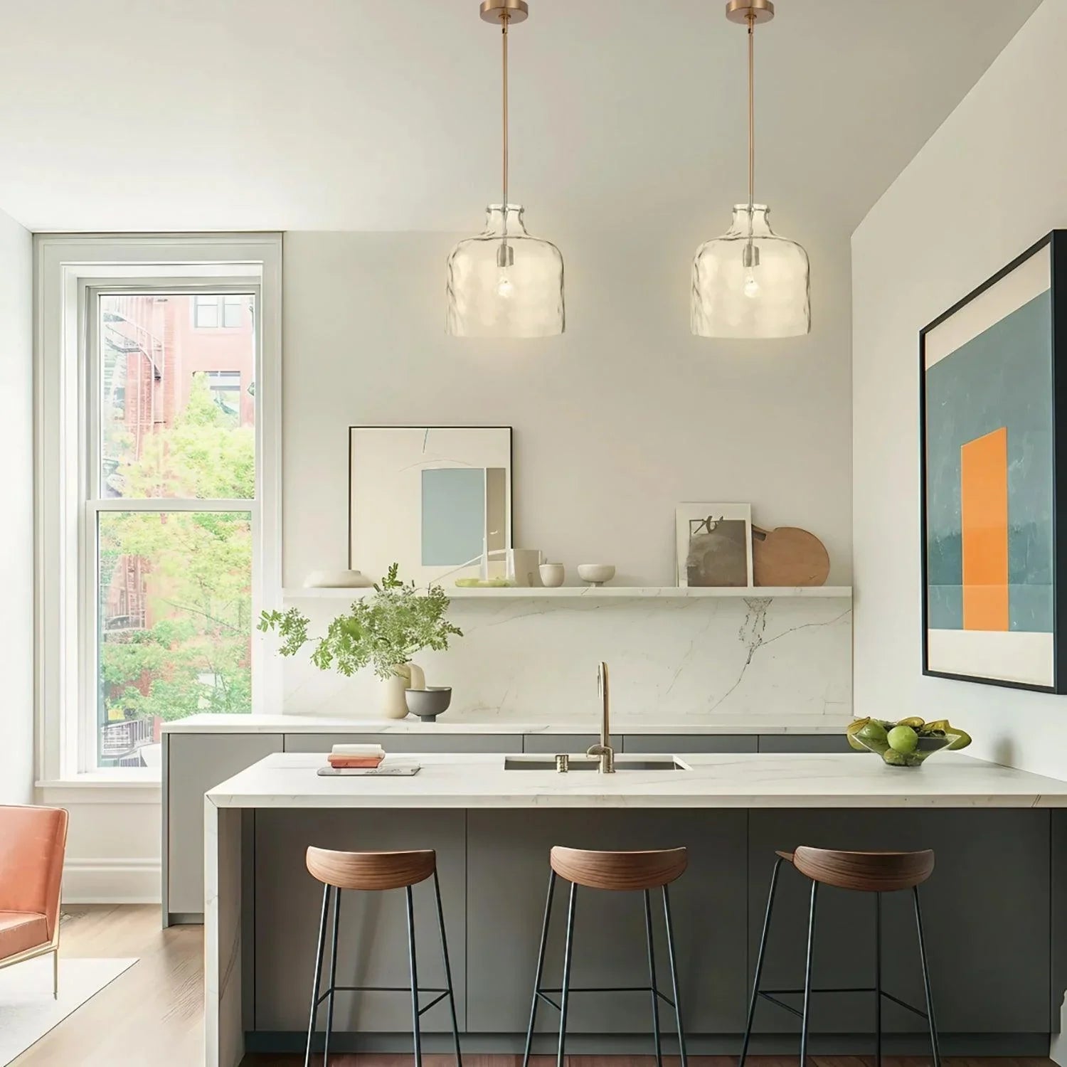 Lámpara colgante Kara Farmhouse de una luz con vidrio texturizado y níquel