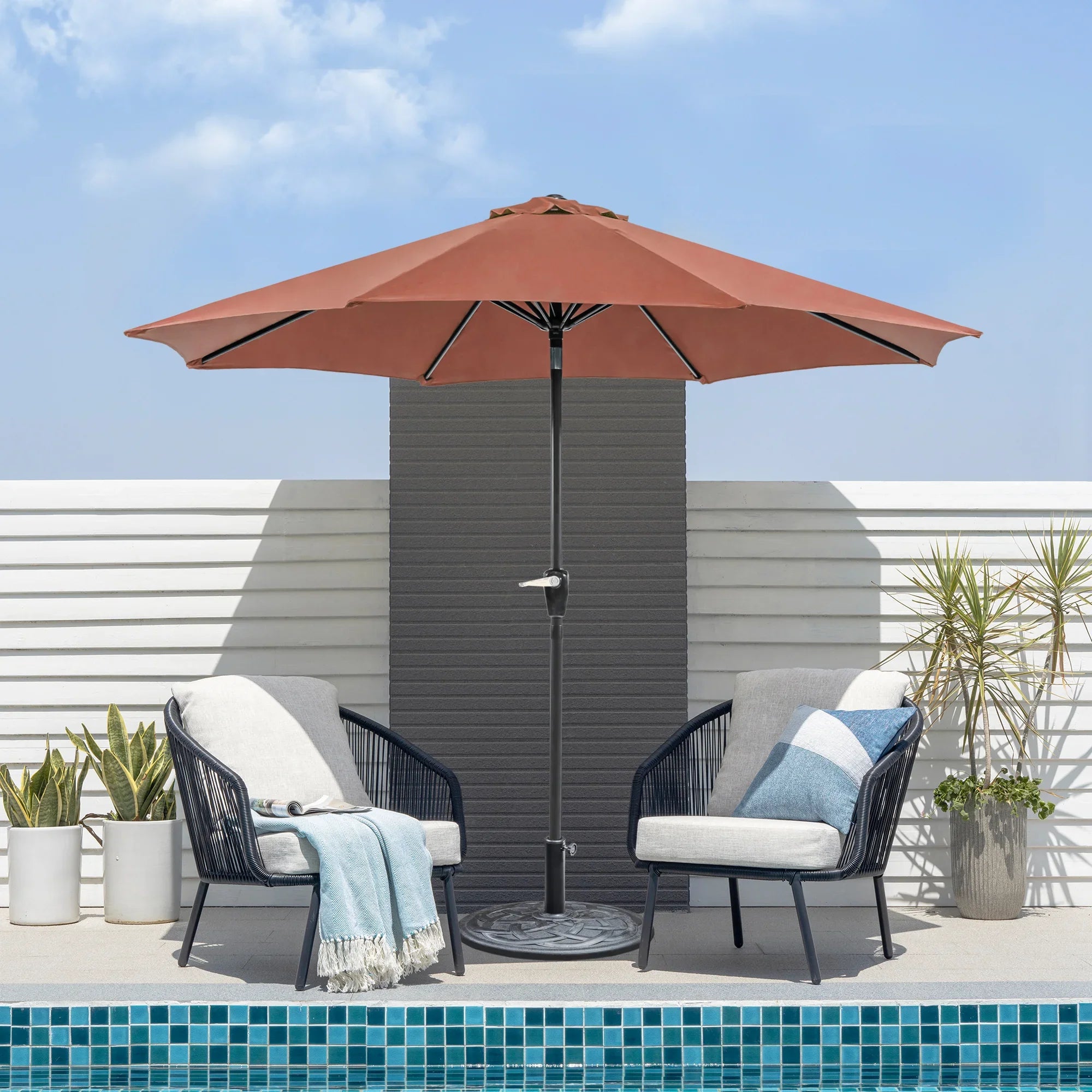 Soli 9' Outdoor Patio Umbrella with Auto Tilt and 21" Round Base
