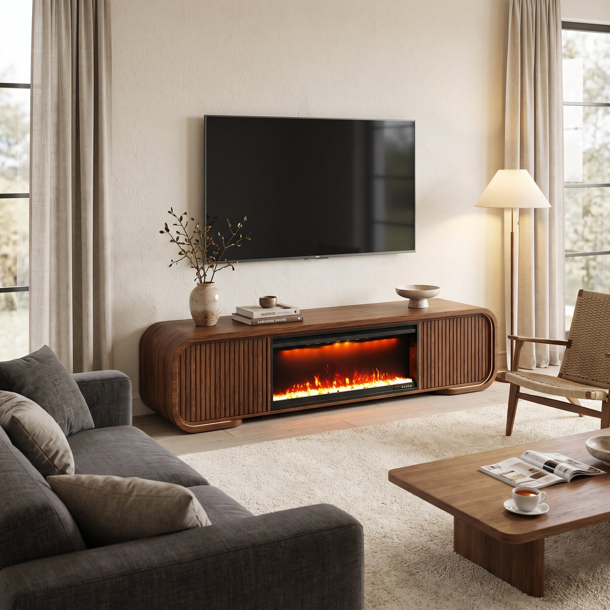 Modern Walnut TV Stand & Coffee Table with Color-Changing LED Lights, Optional 36-Inch Electric Fireplace