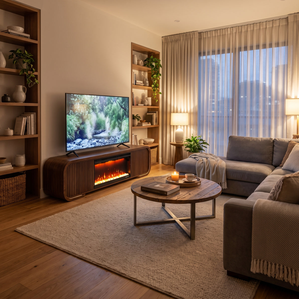 Modern Walnut TV Stand & Coffee Table with Color-Changing LED Lights, Optional 36-Inch Electric Fireplace