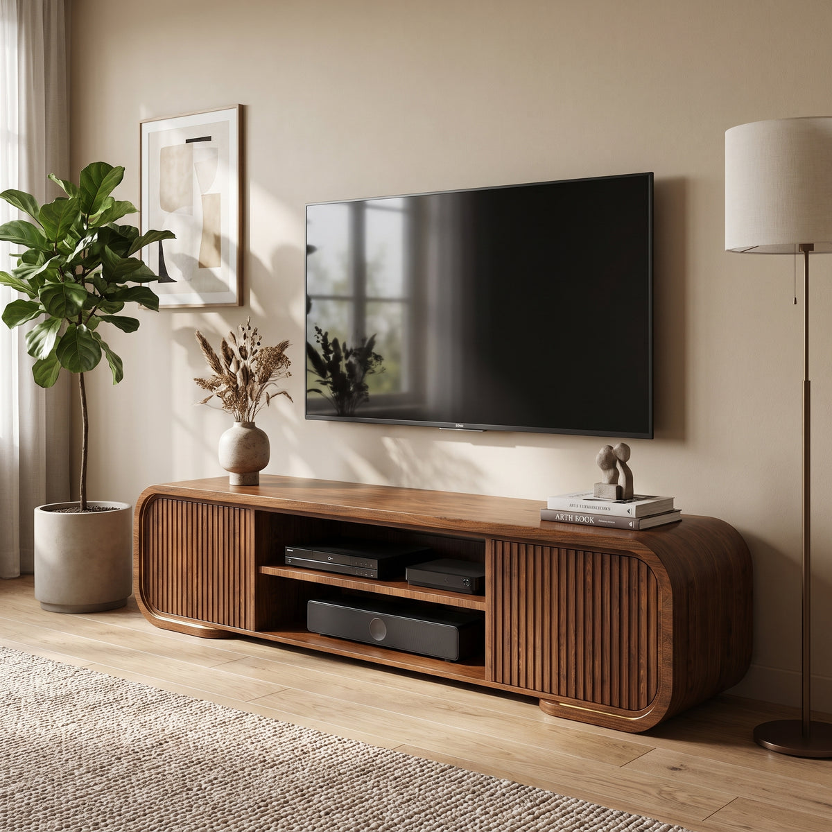 Modern Walnut TV Stand & Coffee Table with Color-Changing LED Lights, Optional 36-Inch Electric Fireplace
