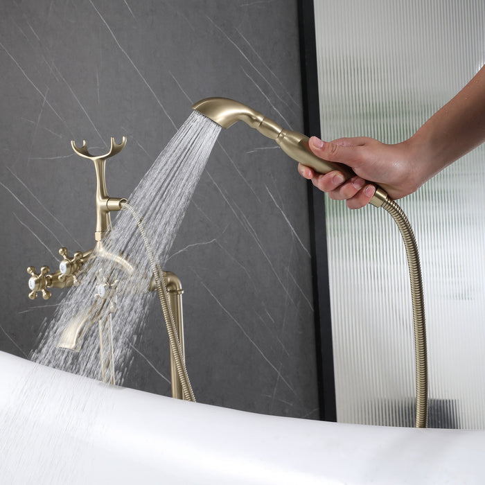 Freestanding Bathtub Faucet 3-handle Floor Mounted Swivel 2-Function Bathtub Faucet with Handshower, Black and Golden