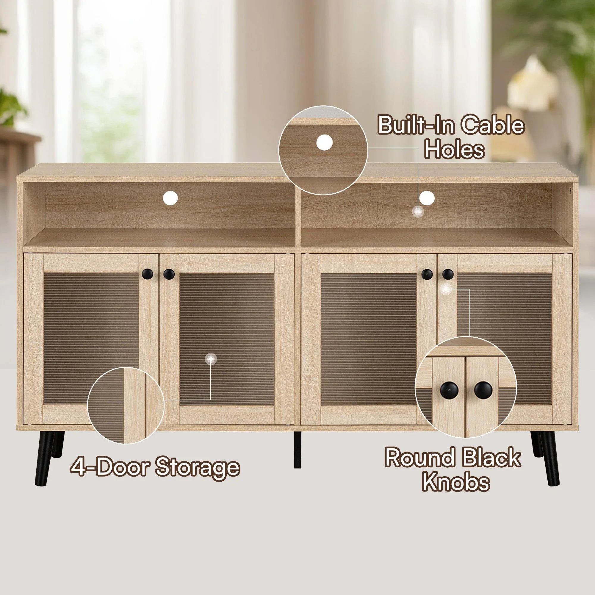 Evans 56 Inch Mid-Century Modern TV Stand with Open Shelves and Cabinets for Living Room, Bedroom