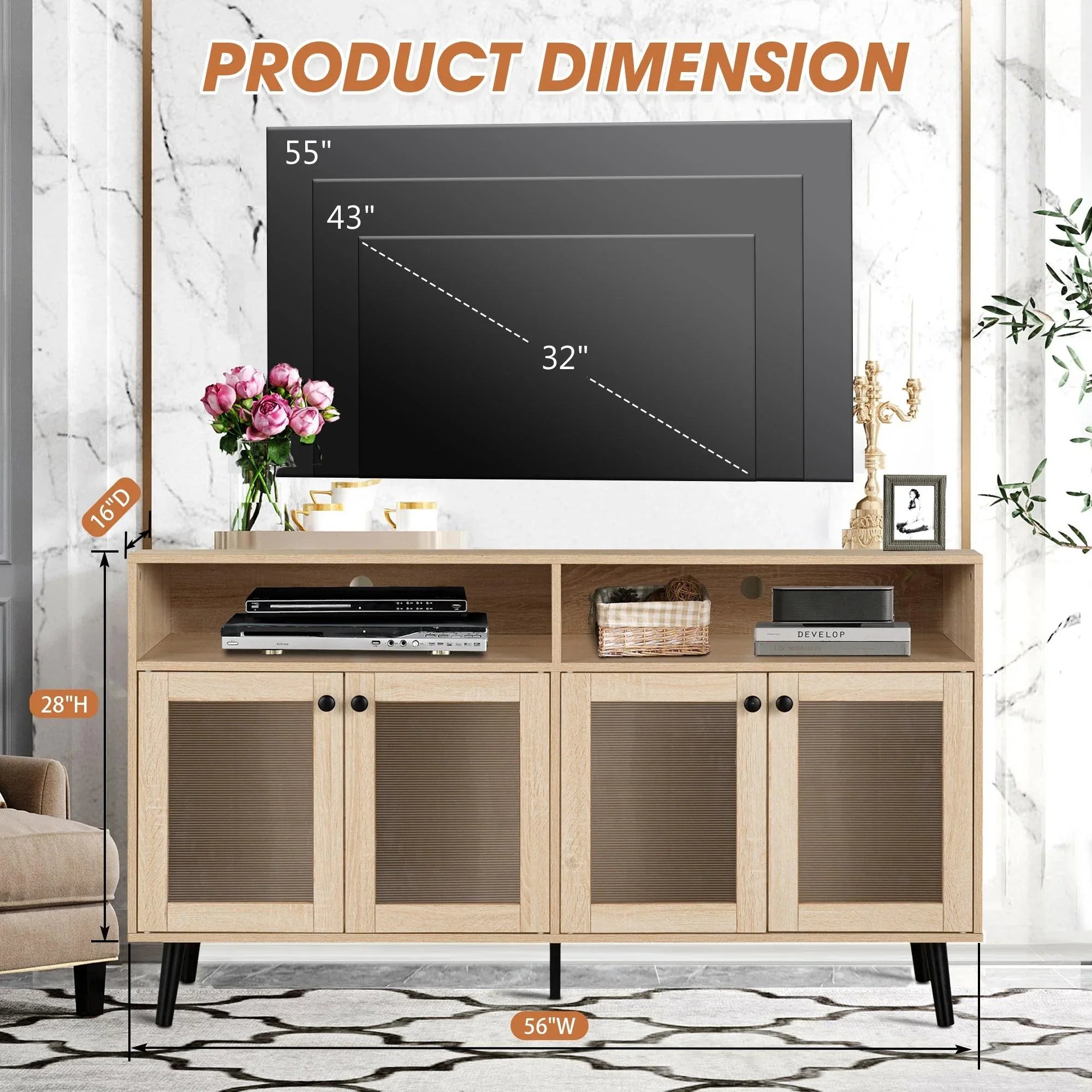 Evans 56 Inch Mid-Century Modern TV Stand with Open Shelves and Cabinets for Living Room, Bedroom