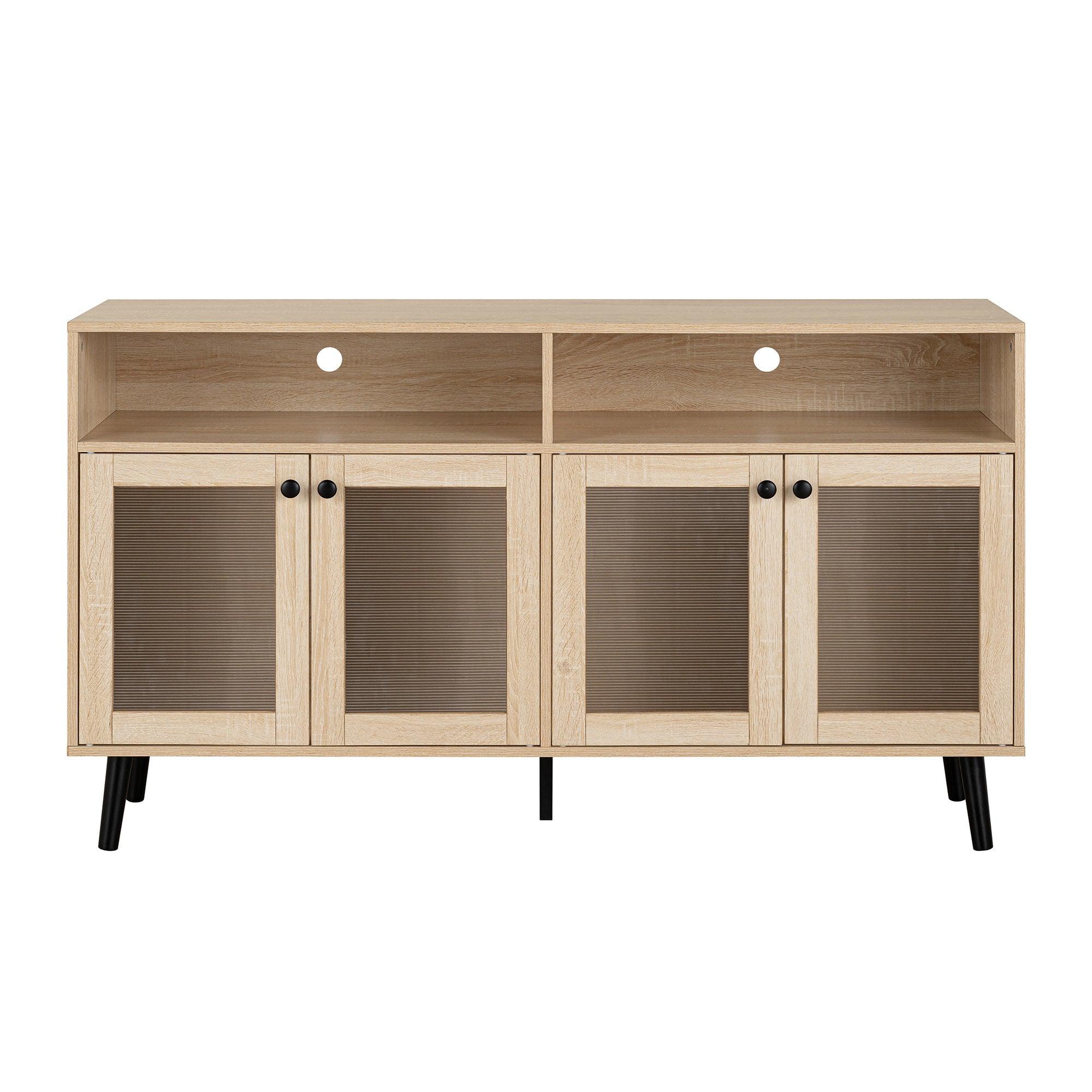 Evans 56 Inch Mid-Century Modern TV Stand with Open Shelves and Cabinets for Living Room, Bedroom