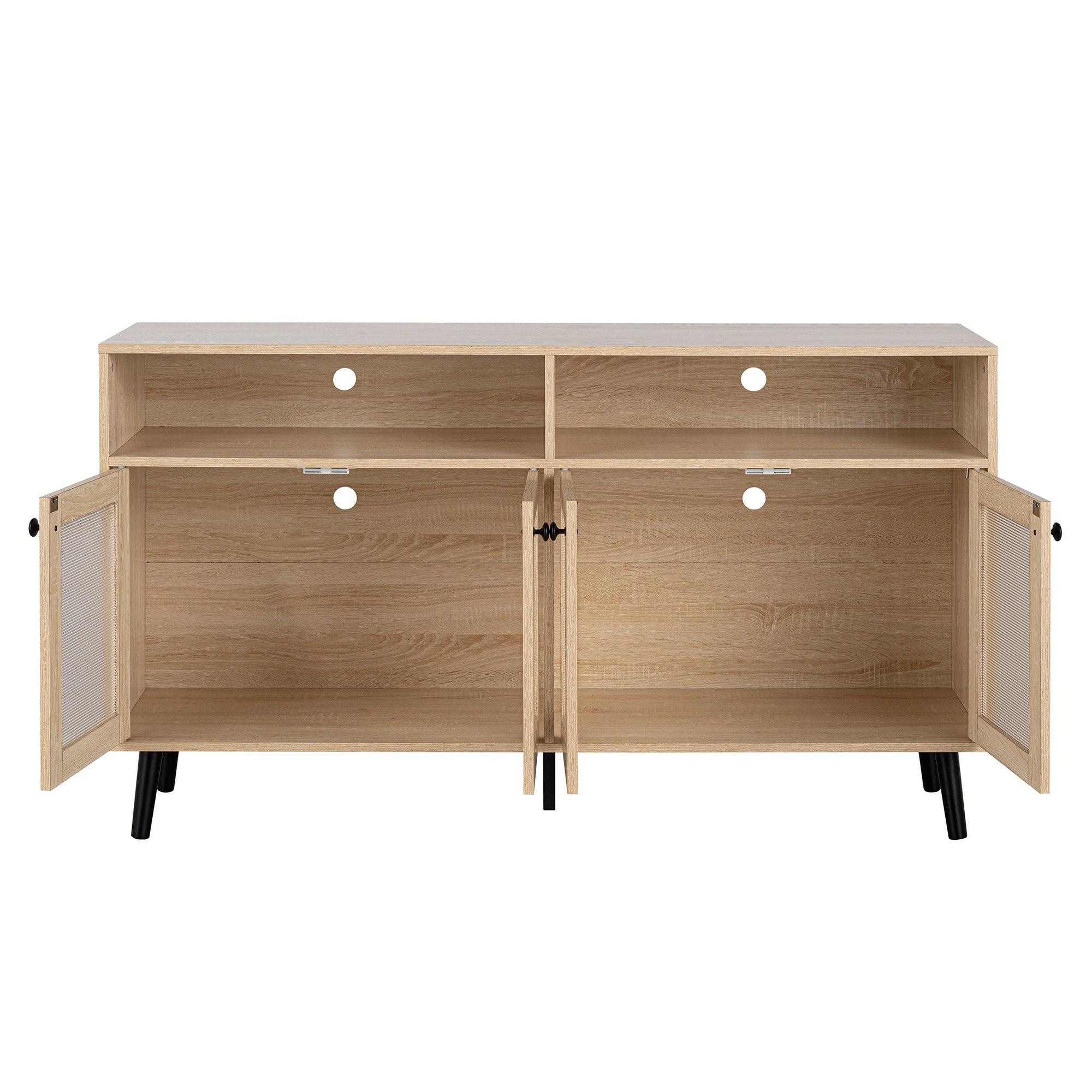 Evans 56 Inch Mid-Century Modern TV Stand with Open Shelves and Cabinets for Living Room, Bedroom