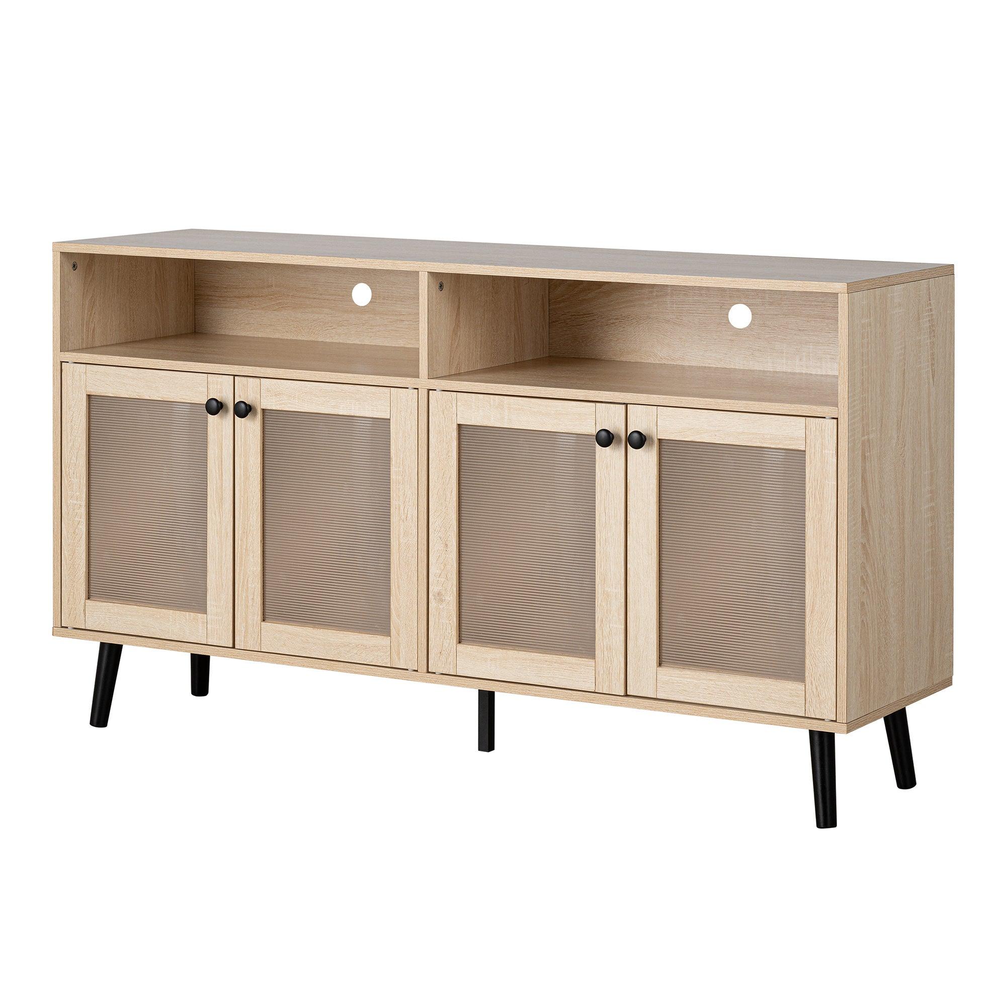 Evans 56 Inch Mid-Century Modern TV Stand with Open Shelves and Cabinets for Living Room, Bedroom