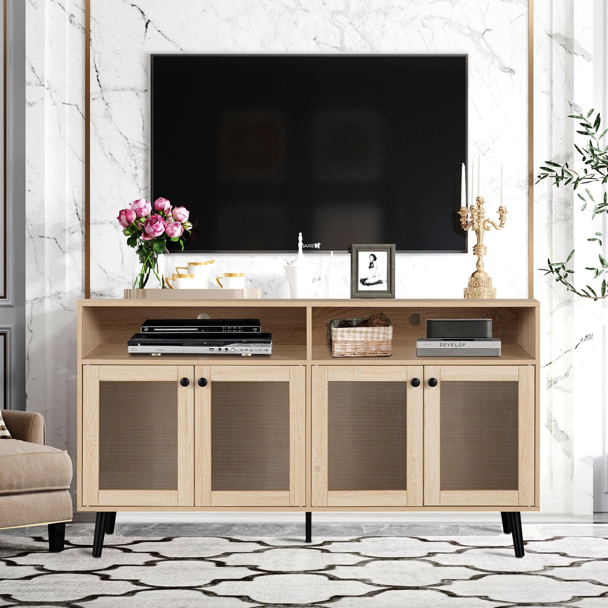 Evans 56 Inch Mid-Century Modern TV Stand with Open Shelves and Cabinets for Living Room, Bedroom