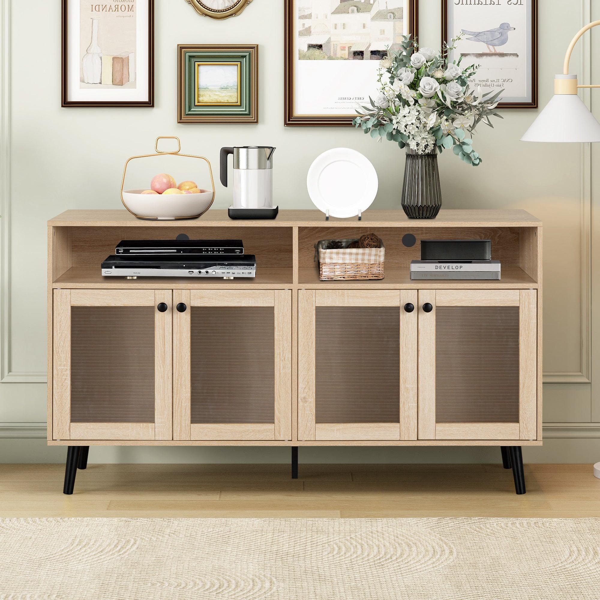 Evans 56 Inch Mid-Century Modern TV Stand with Open Shelves and Cabinets for Living Room, Bedroom