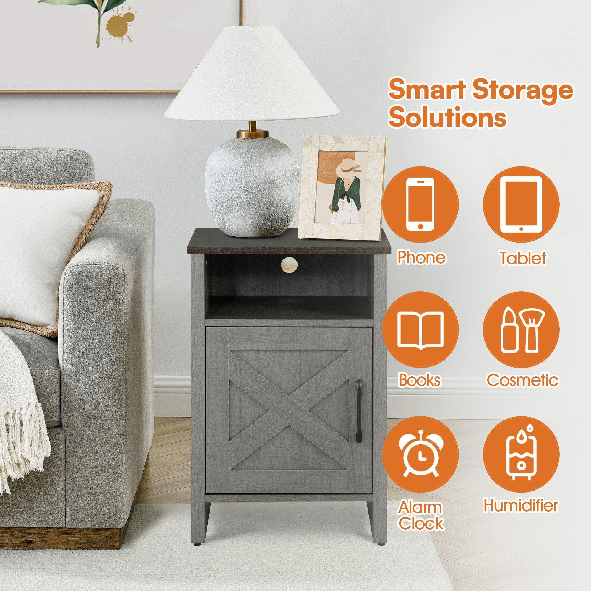 Mesa auxiliar de 40,6 cm en gris estilo granja con puerta estilo granero y estante abierto de Furniture of America