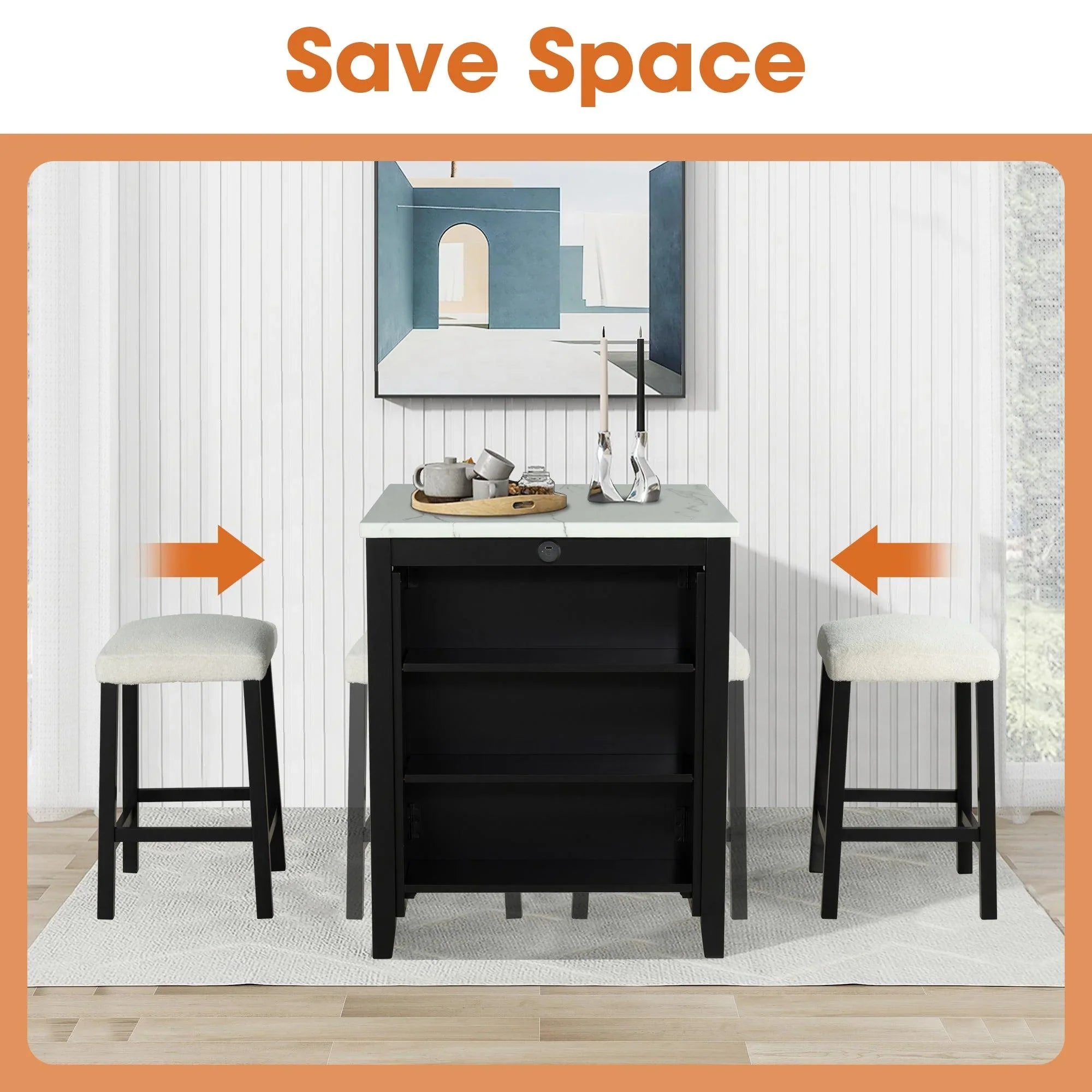 Juego de mesa de comedor moderna de 91 cm con dos taburetes, tablero brillante y puertos de carga USB-A y USB-C.