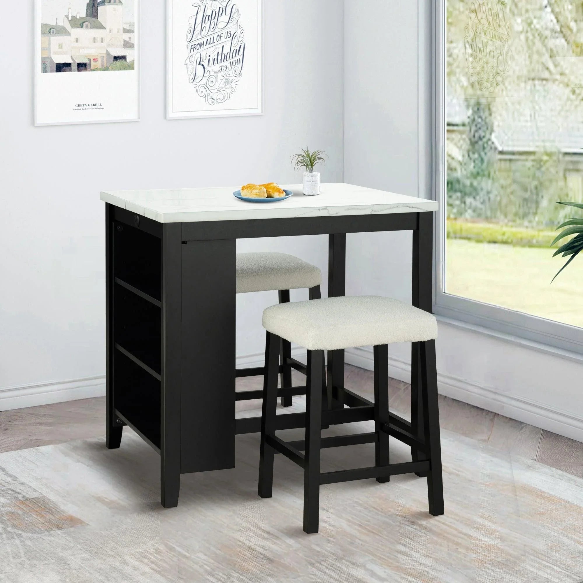 Juego de mesa de comedor moderna de 91 cm con dos taburetes, tablero brillante y puertos de carga USB-A y USB-C.