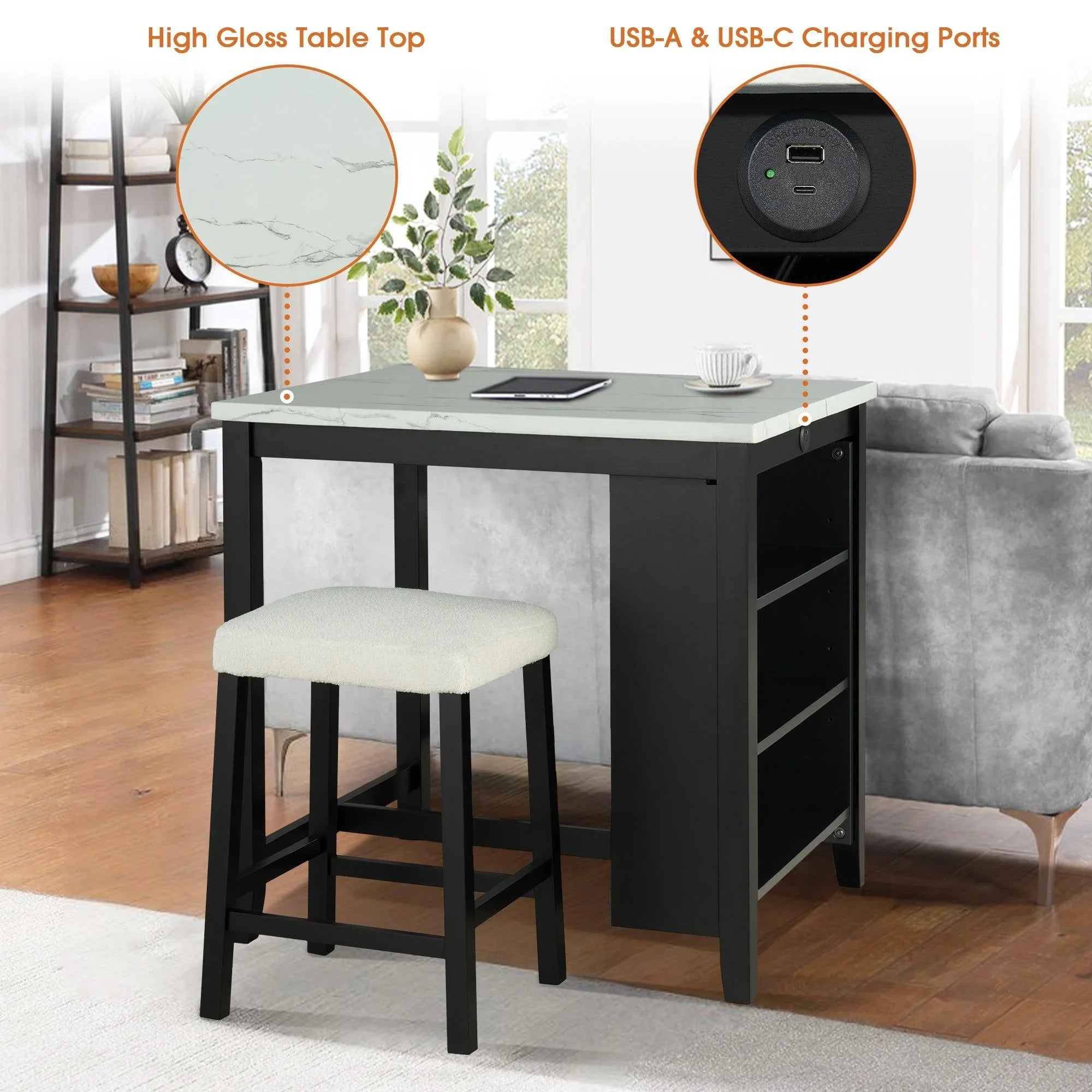Juego de mesa de comedor moderna de 91 cm con dos taburetes, tablero brillante y puertos de carga USB-A y USB-C.