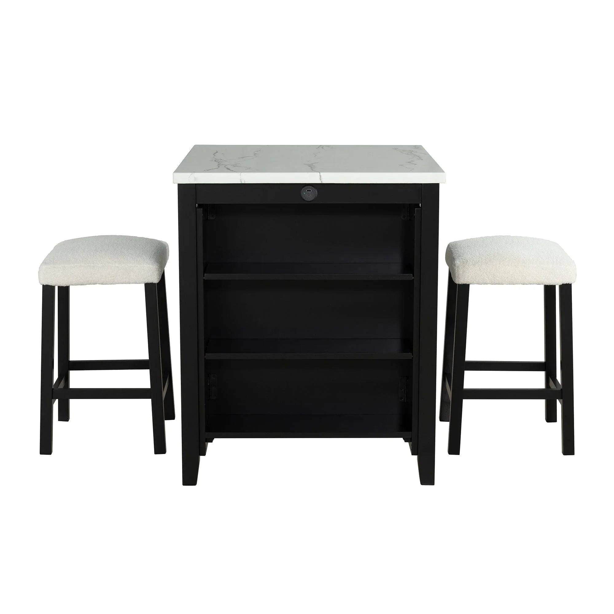 Juego de mesa de comedor moderna de 91 cm con dos taburetes, tablero brillante y puertos de carga USB-A y USB-C.