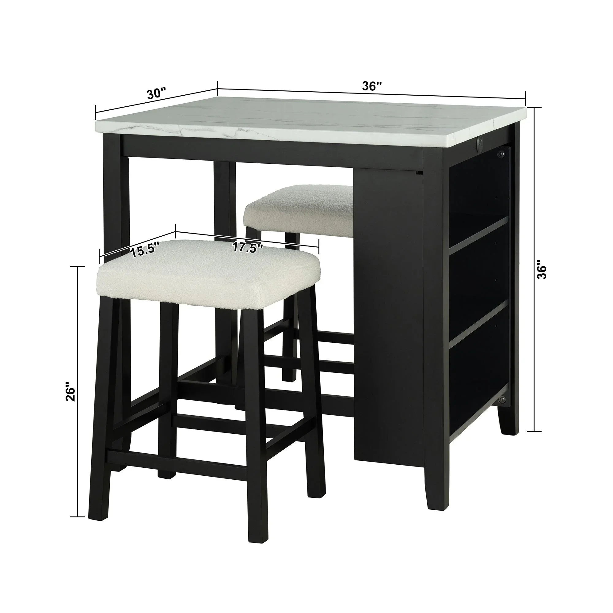 Juego de mesa de comedor moderna de 91 cm con dos taburetes, tablero brillante y puertos de carga USB-A y USB-C.