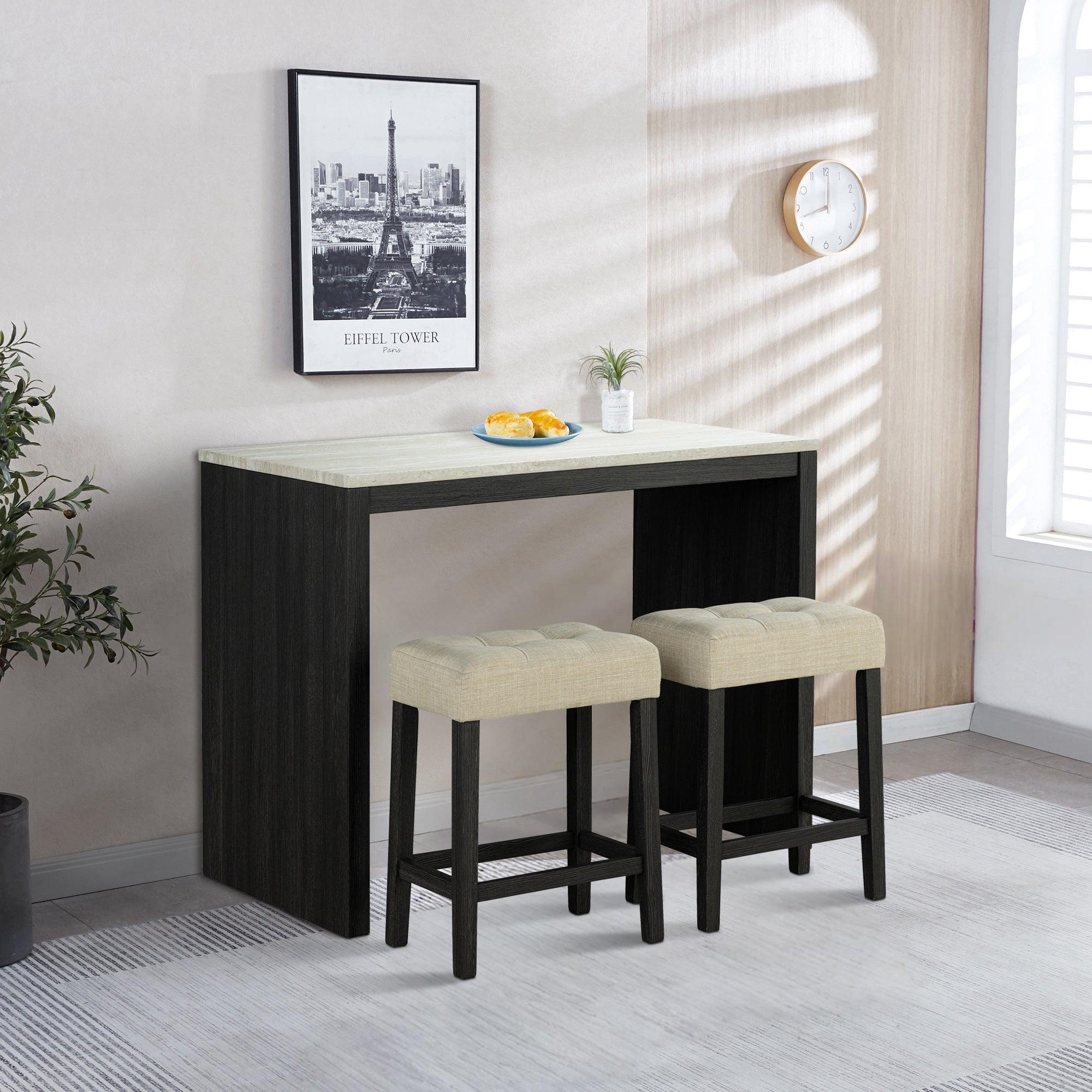 Juego de mesa de comedor moderna de 122 cm con 2 taburetes para apartamento, con tablero de travertino