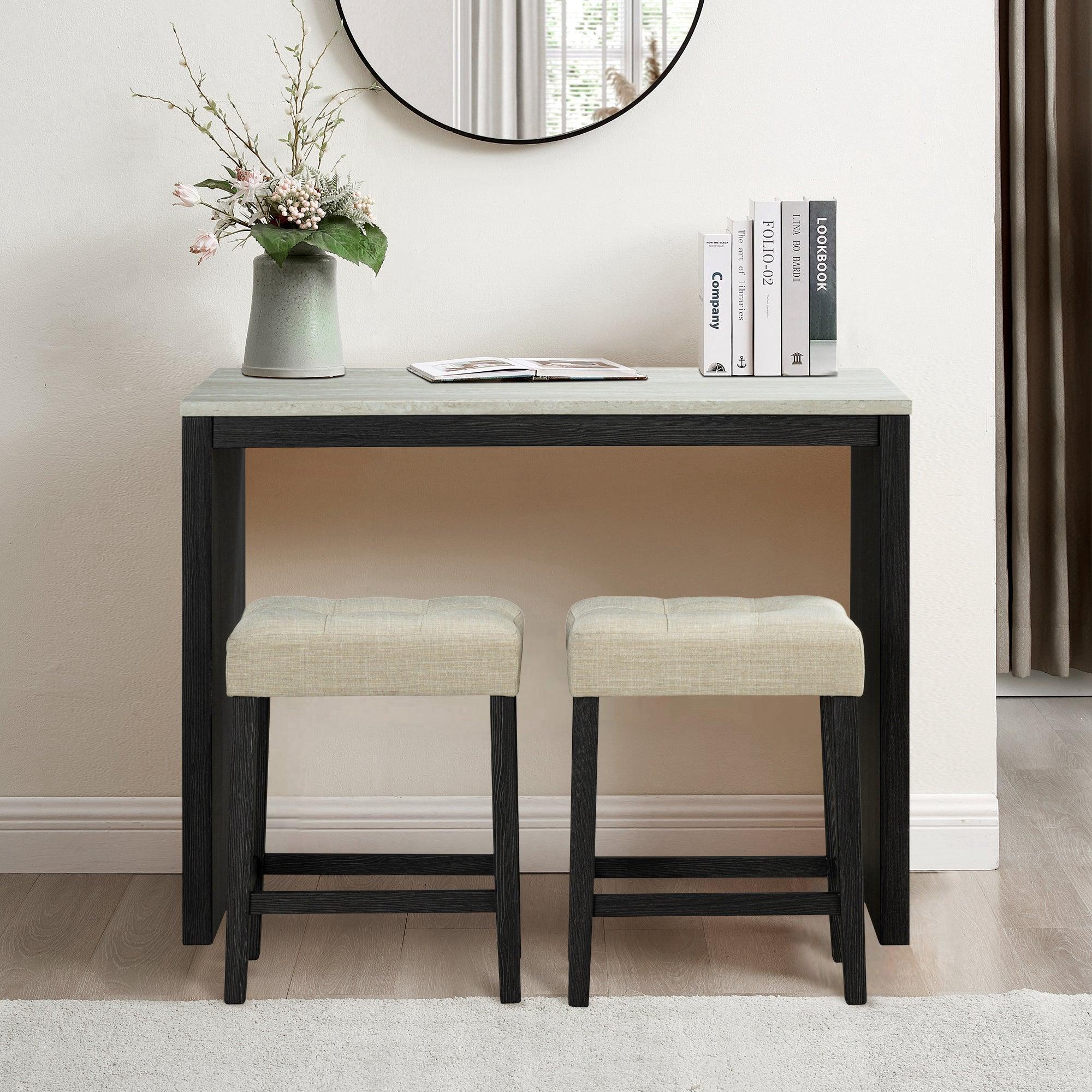 Juego de mesa de comedor moderna de 122 cm con 2 taburetes para apartamento, con tablero de travertino