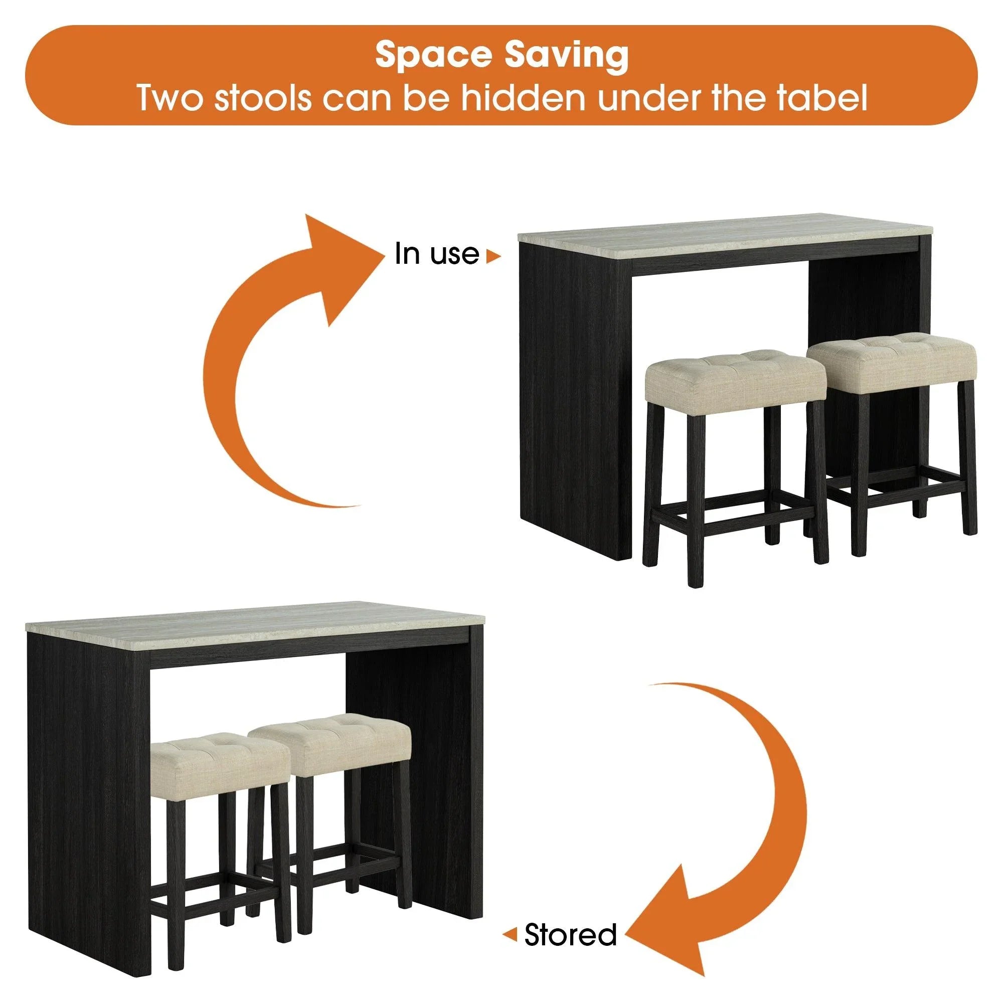 Juego de mesa de comedor moderna de 122 cm con 2 taburetes para apartamento, con tablero de travertino