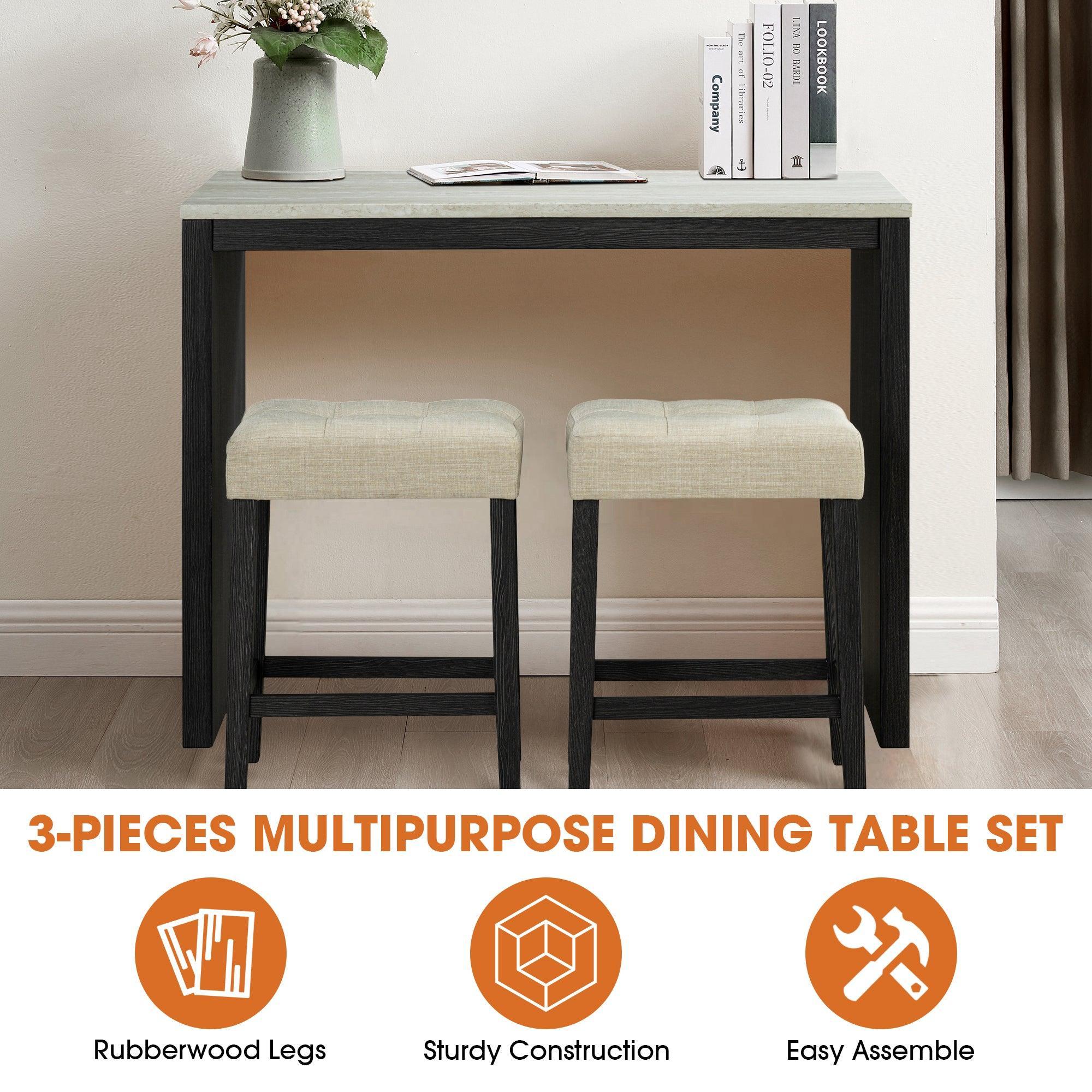 Juego de mesa de comedor moderna de 122 cm con 2 taburetes para apartamento, con tablero de travertino
