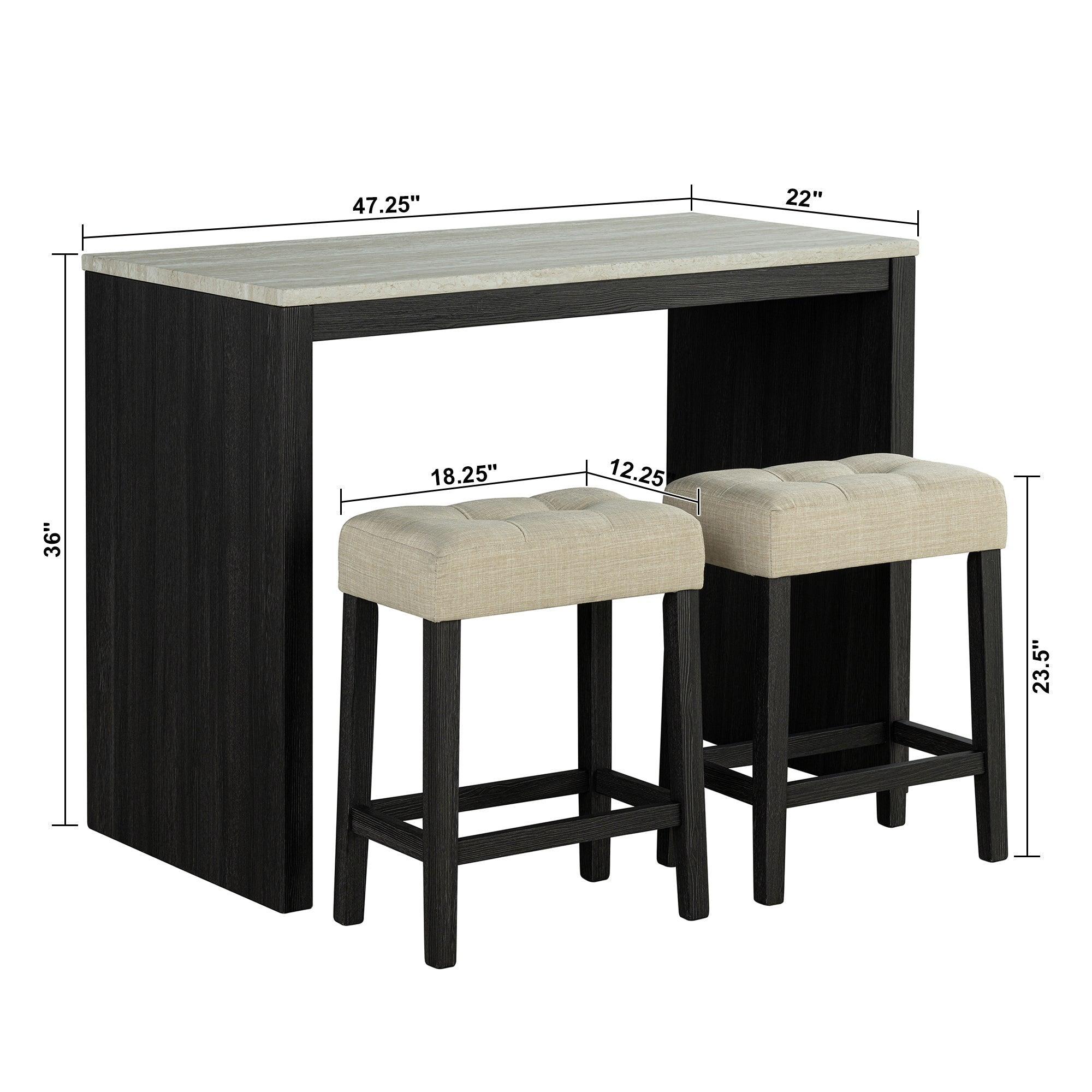 Juego de mesa de comedor moderna de 122 cm con 2 taburetes para apartamento, con tablero de travertino