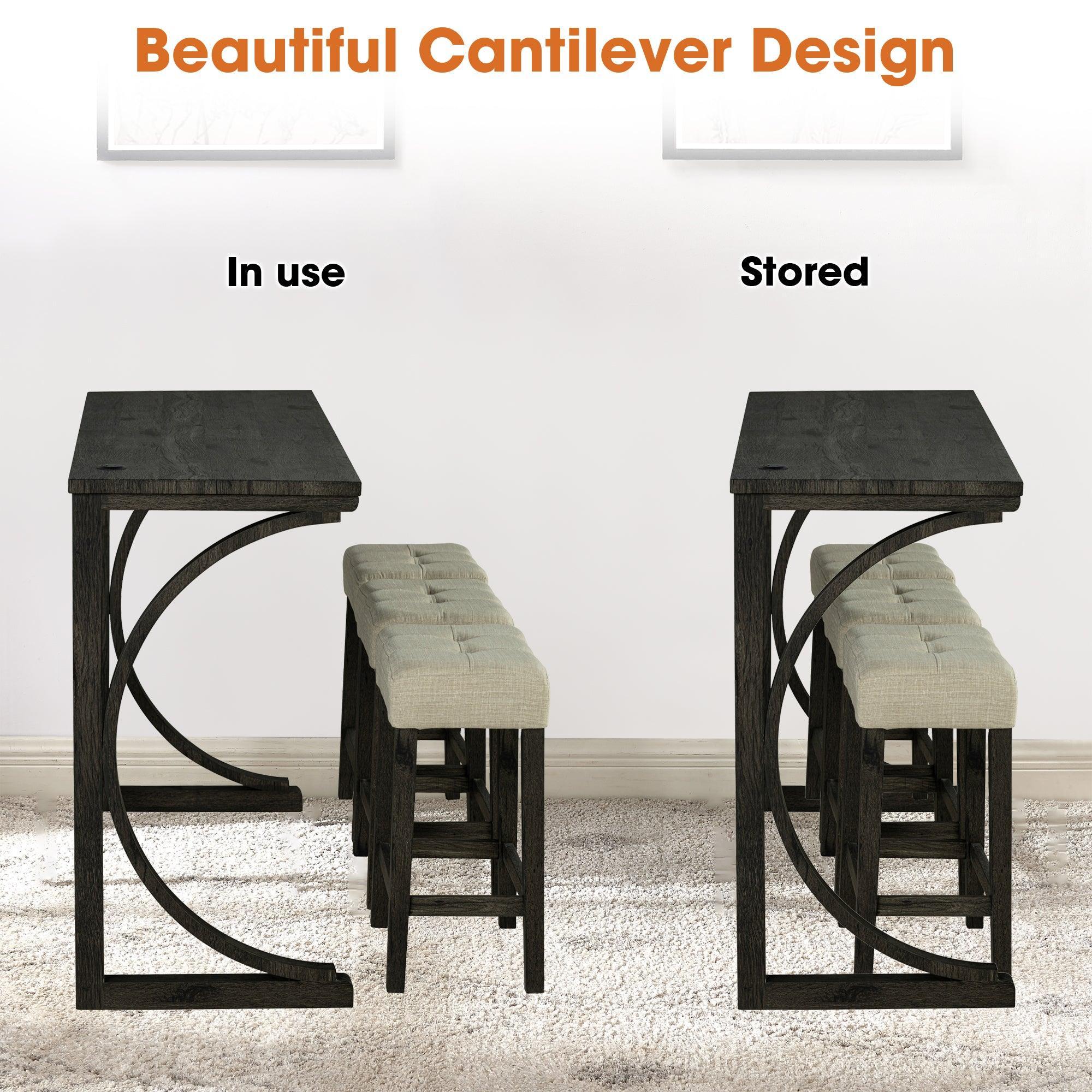 59" Rustic Dining&Bar Table Set with 3 Stools for Apartment, USB-A & USB-C Charging Ports