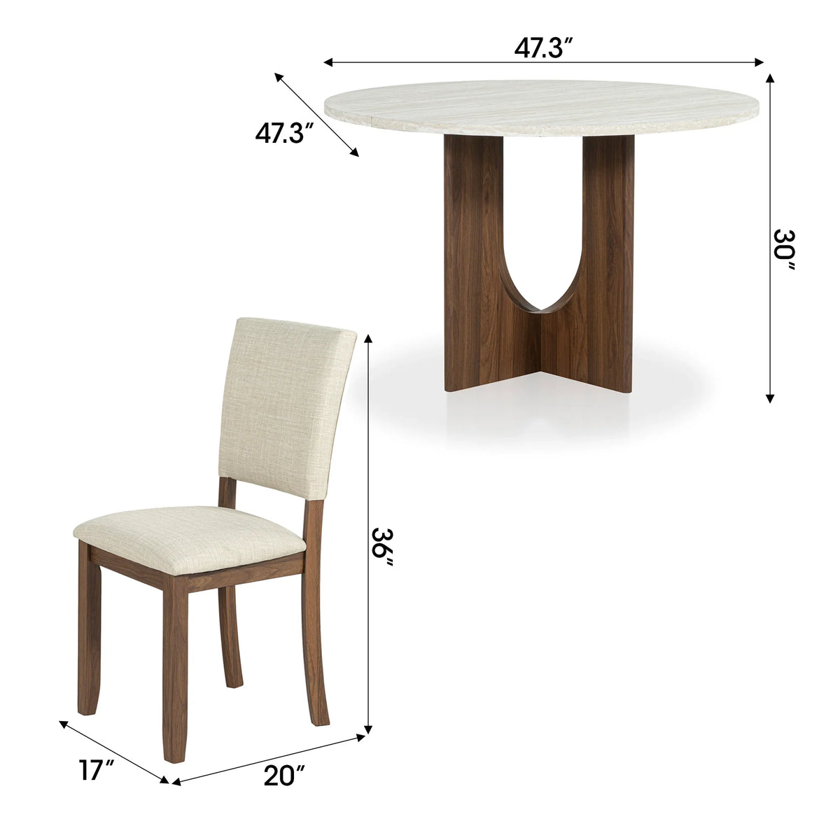 Round white marble dining table with walnut base and matching upholstered chair with dimensions.