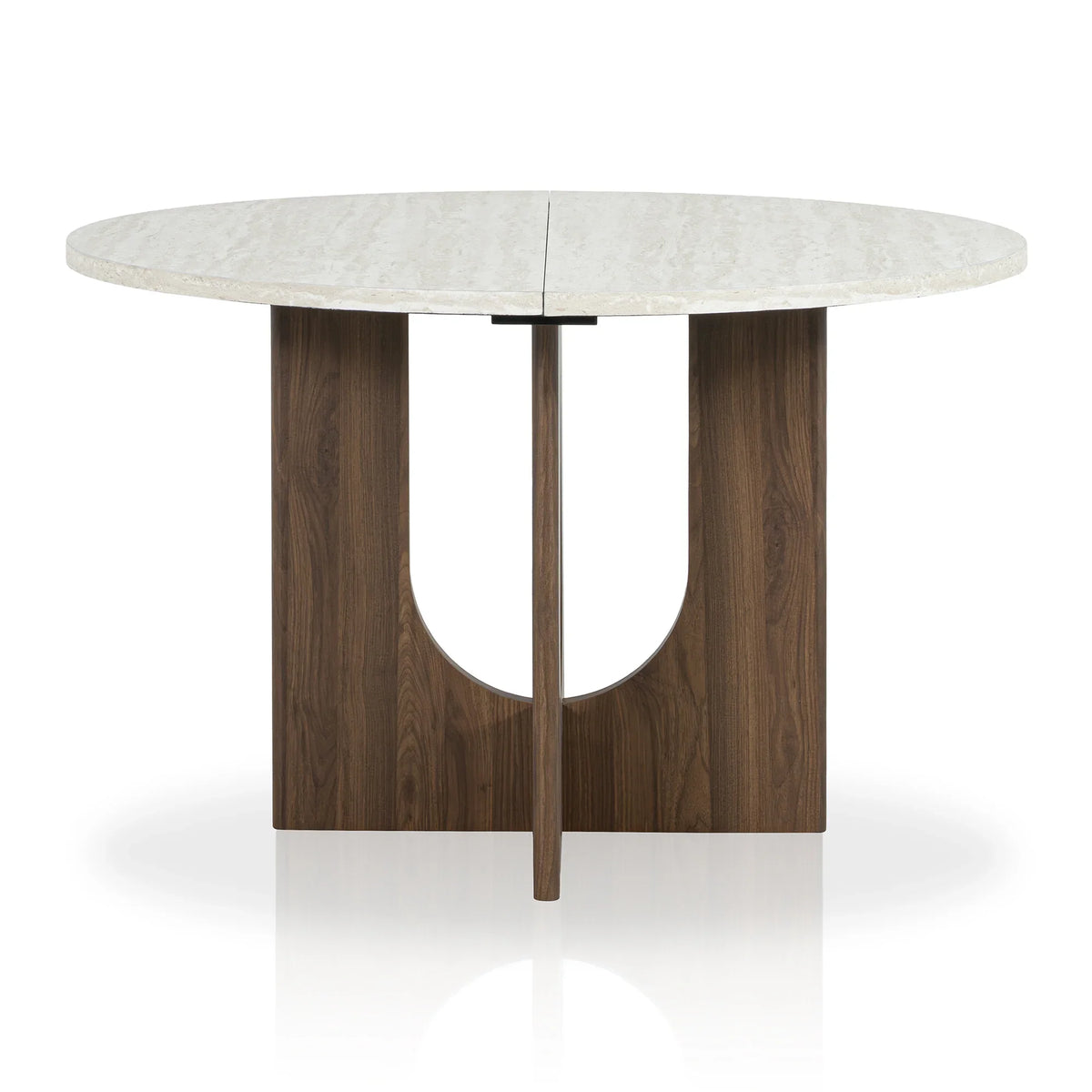 Round white marble dining table with a dark wood curved pedestal base
