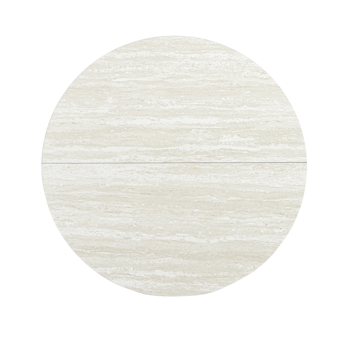 Top view of a round light-colored travertine marble table top