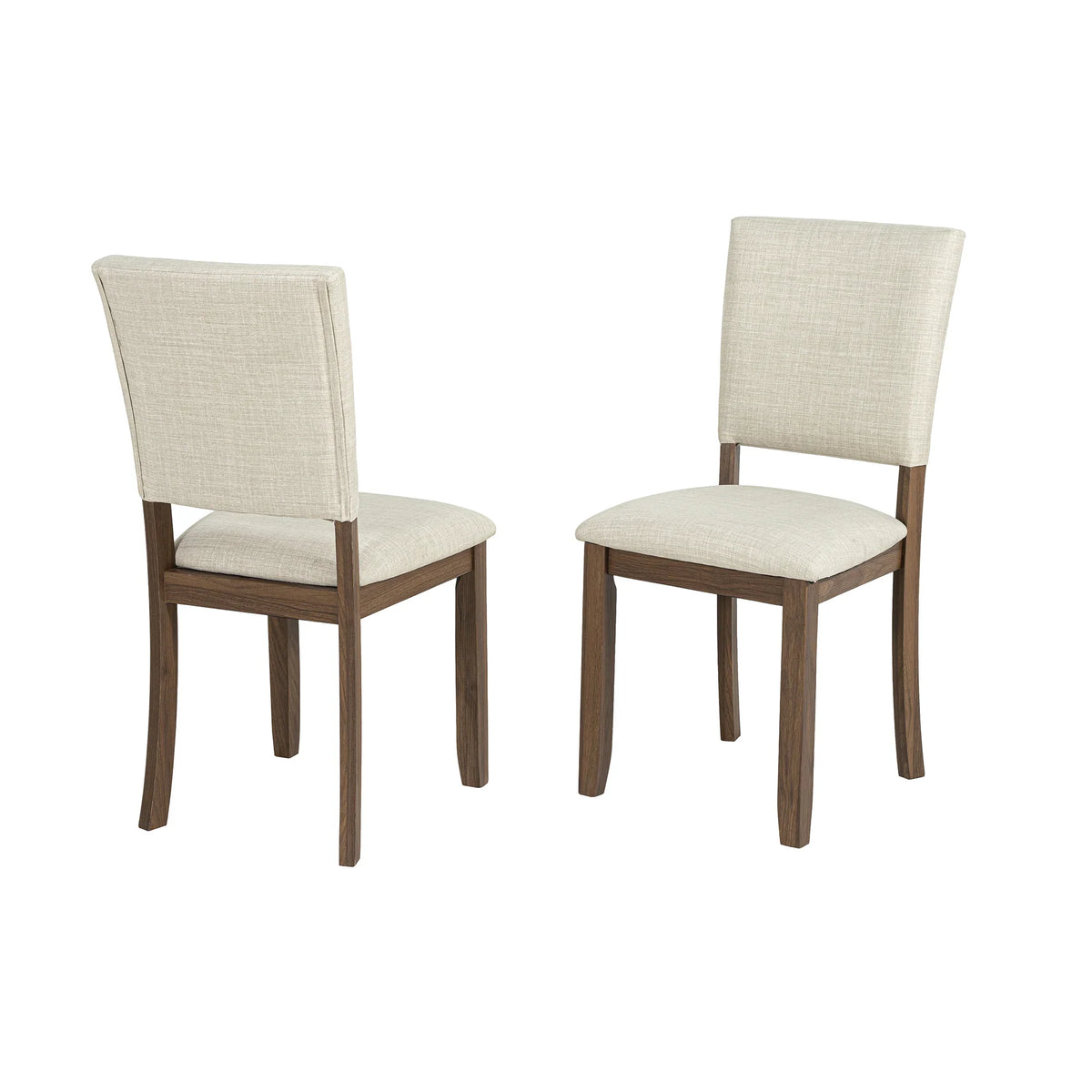 Pair of modern dining chairs with beige fabric upholstery and dark wood legs