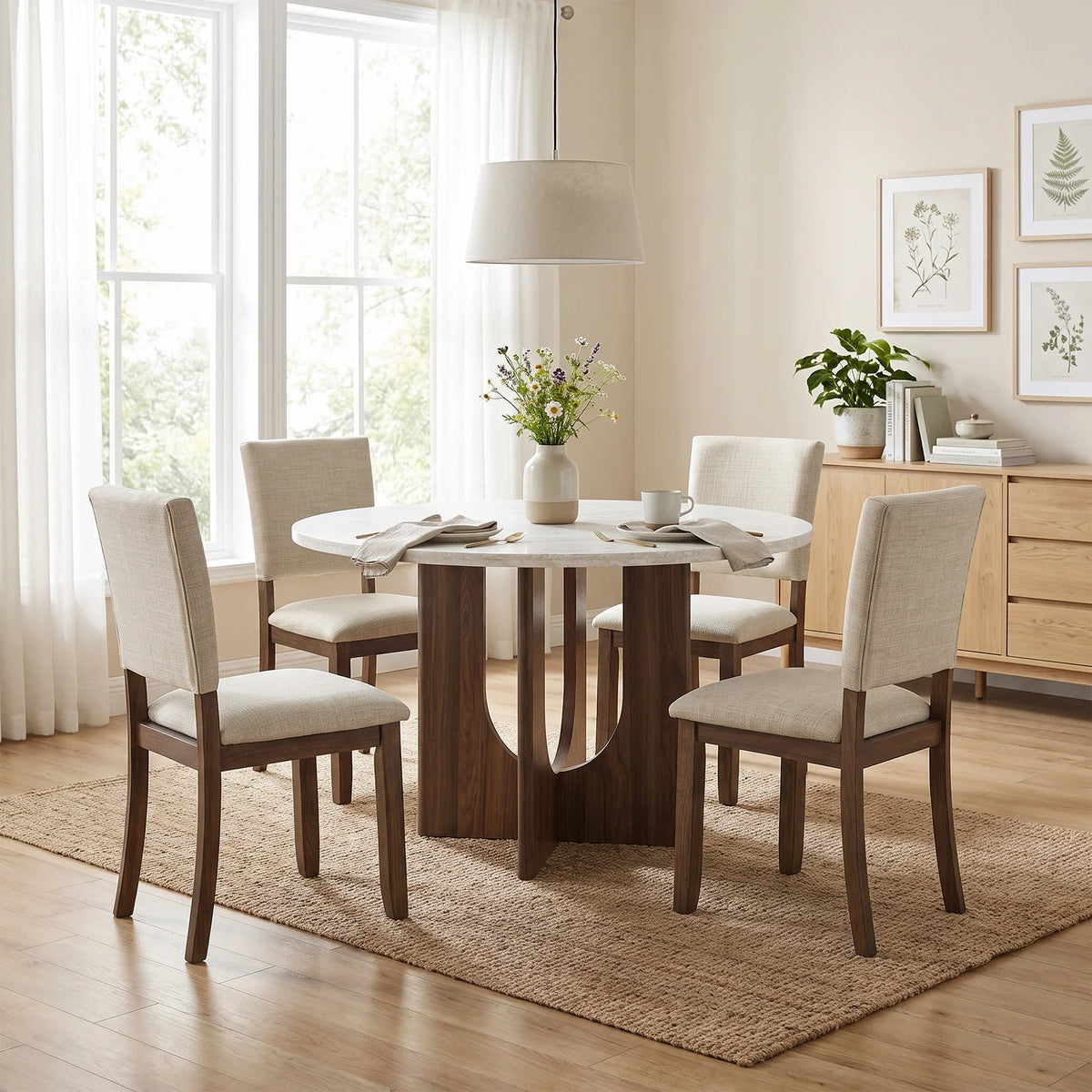 Round marble top dining table with four upholstered beige chairs on a jute rug