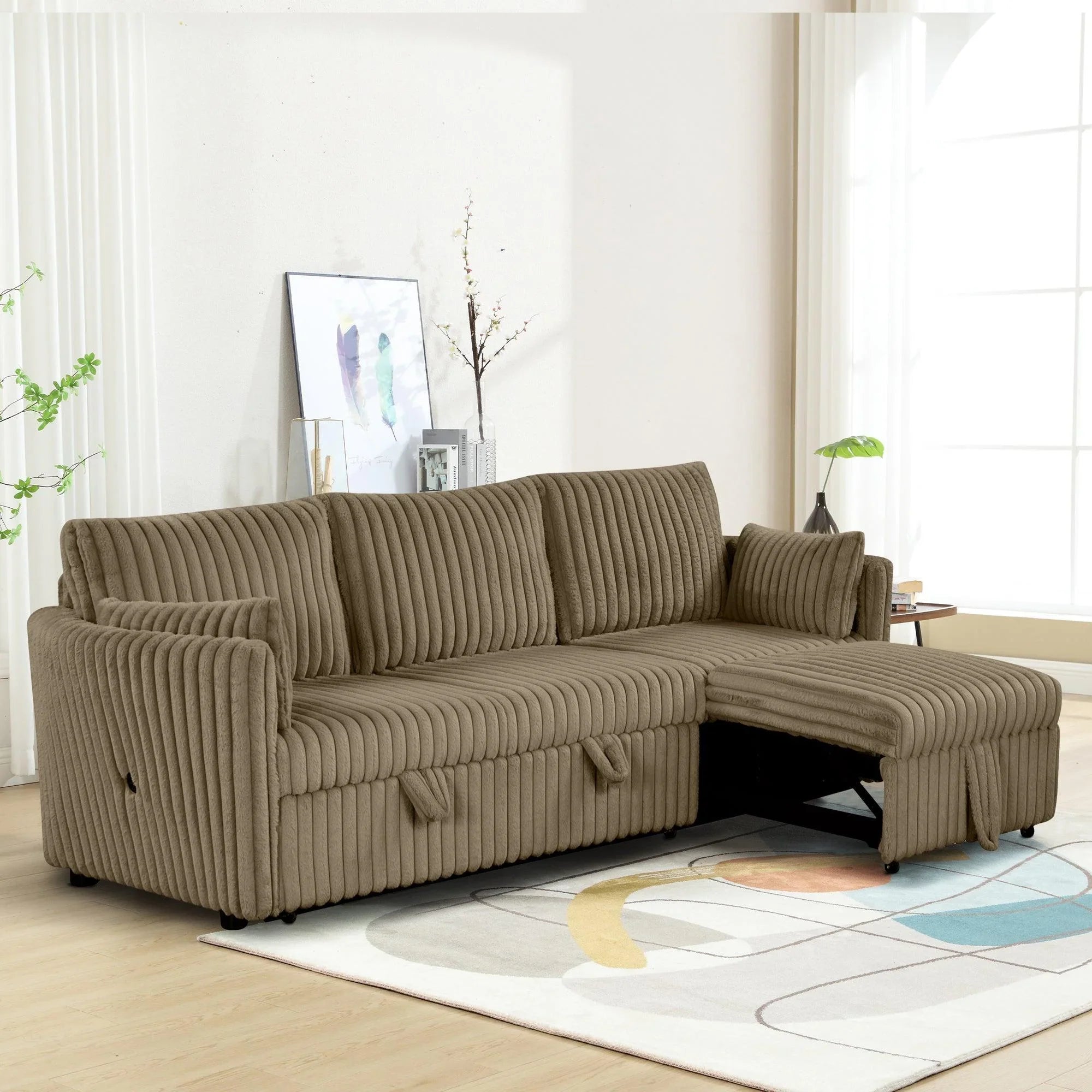 Sofá cama seccional convertible extragrande de piel sintética marrón, sofá cama y sillón extraíble con 2 almohadas y puertos de carga USB para sala de estar.