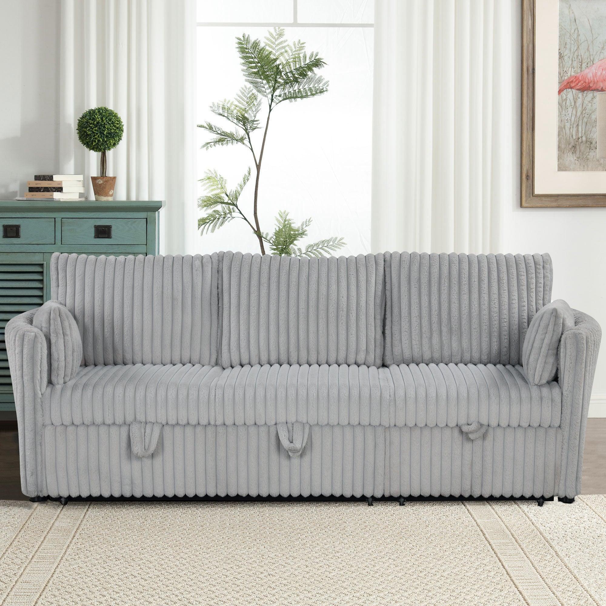 Light Gray Faux Fur Oversized Convertible Sleeper Sectional Sofa Couch Daybed and Chair Pull Out with 2 Pillows, USB Charging Ports for Living Room