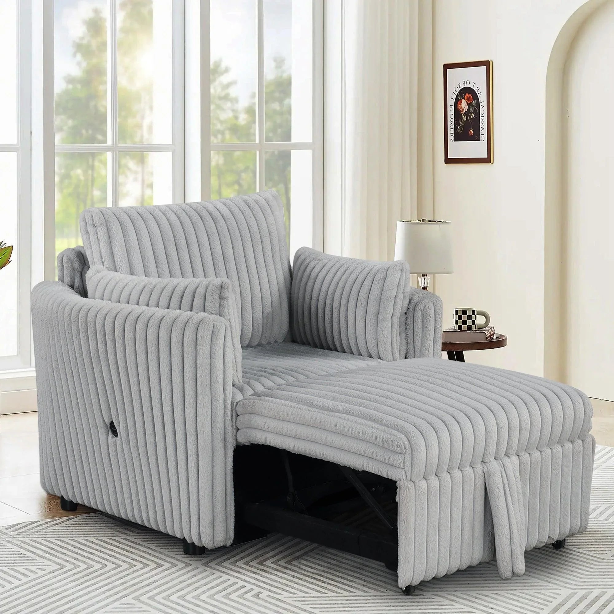 Light Gray Faux Fur Oversized Convertible Sleeper Sectional Sofa Couch Daybed and Chair Pull Out with 2 Pillows, USB Charging Ports for Living Room