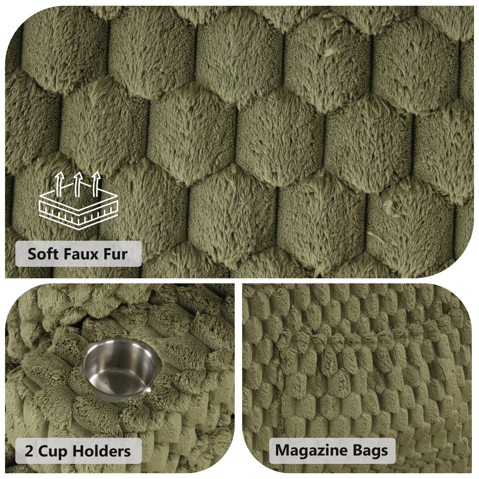 54 Inch Contemporary Indoor Upholstered Chaise Lounge Plush Sleeper Chair with Throw Pillows, 2 Cup Holders and Magazine Bags for Living Room