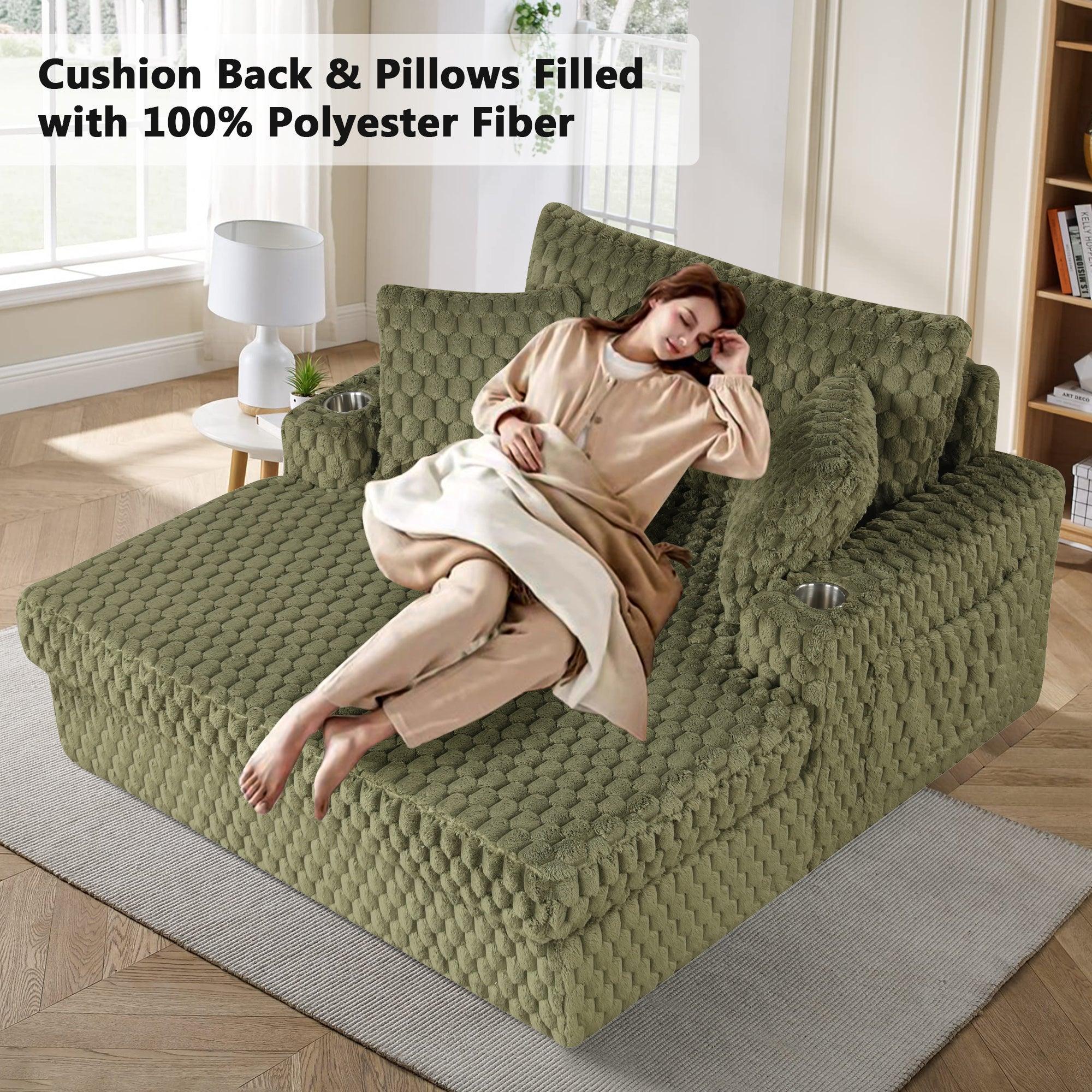 54 Inch Contemporary Indoor Upholstered Chaise Lounge Plush Sleeper Chair with Throw Pillows, 2 Cup Holders and Magazine Bags for Living Room