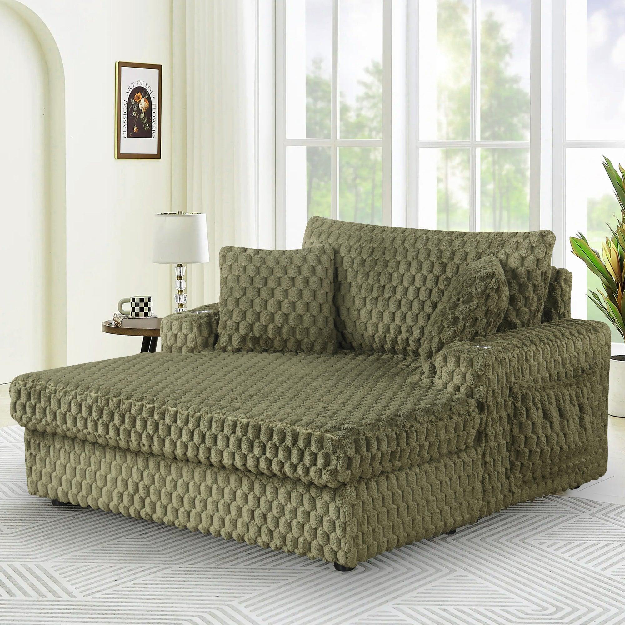 54 Inch Contemporary Indoor Upholstered Chaise Lounge Plush Sleeper Chair with Throw Pillows, 2 Cup Holders and Magazine Bags for Living Room