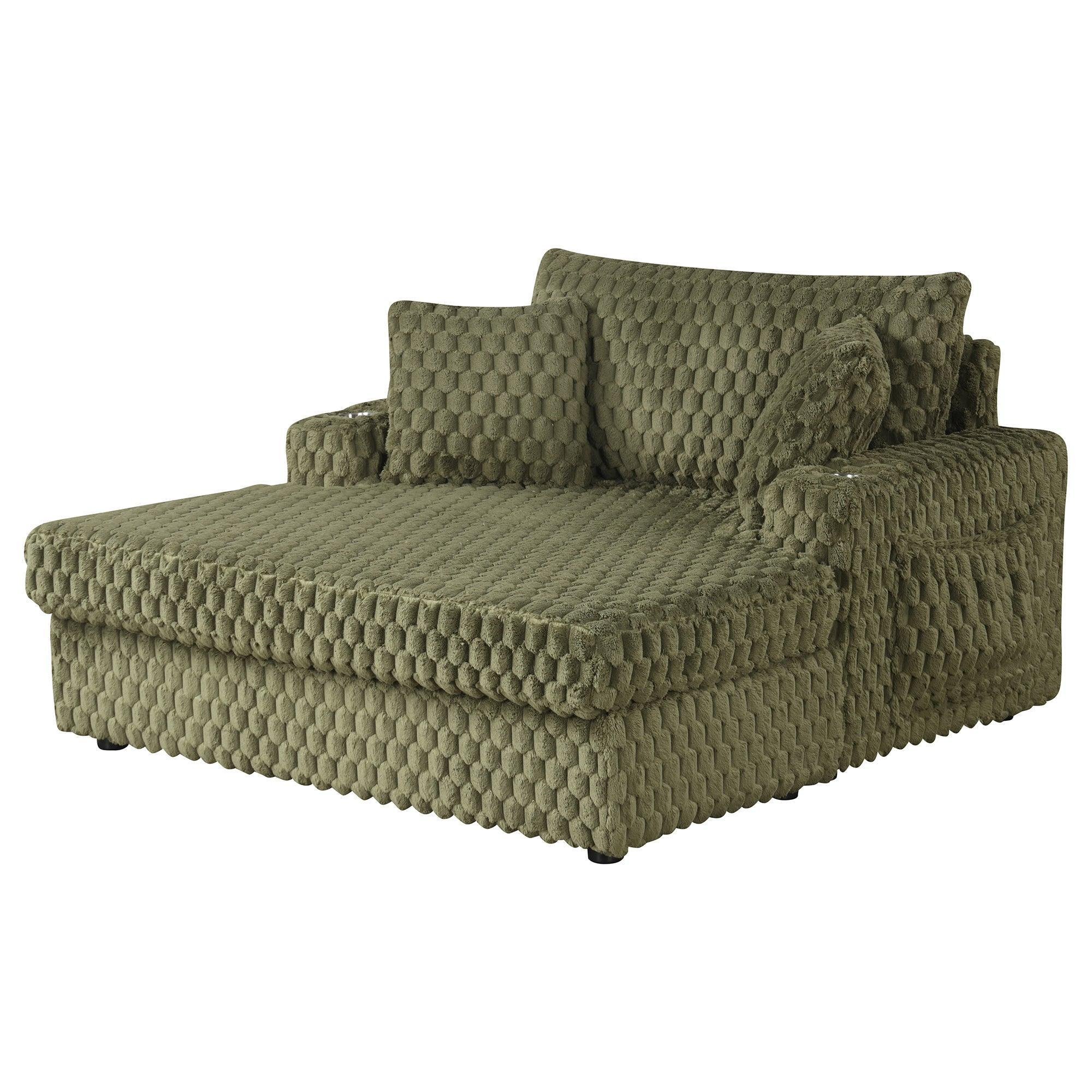 54 Inch Contemporary Indoor Upholstered Chaise Lounge Plush Sleeper Chair with Throw Pillows, 2 Cup Holders and Magazine Bags for Living Room