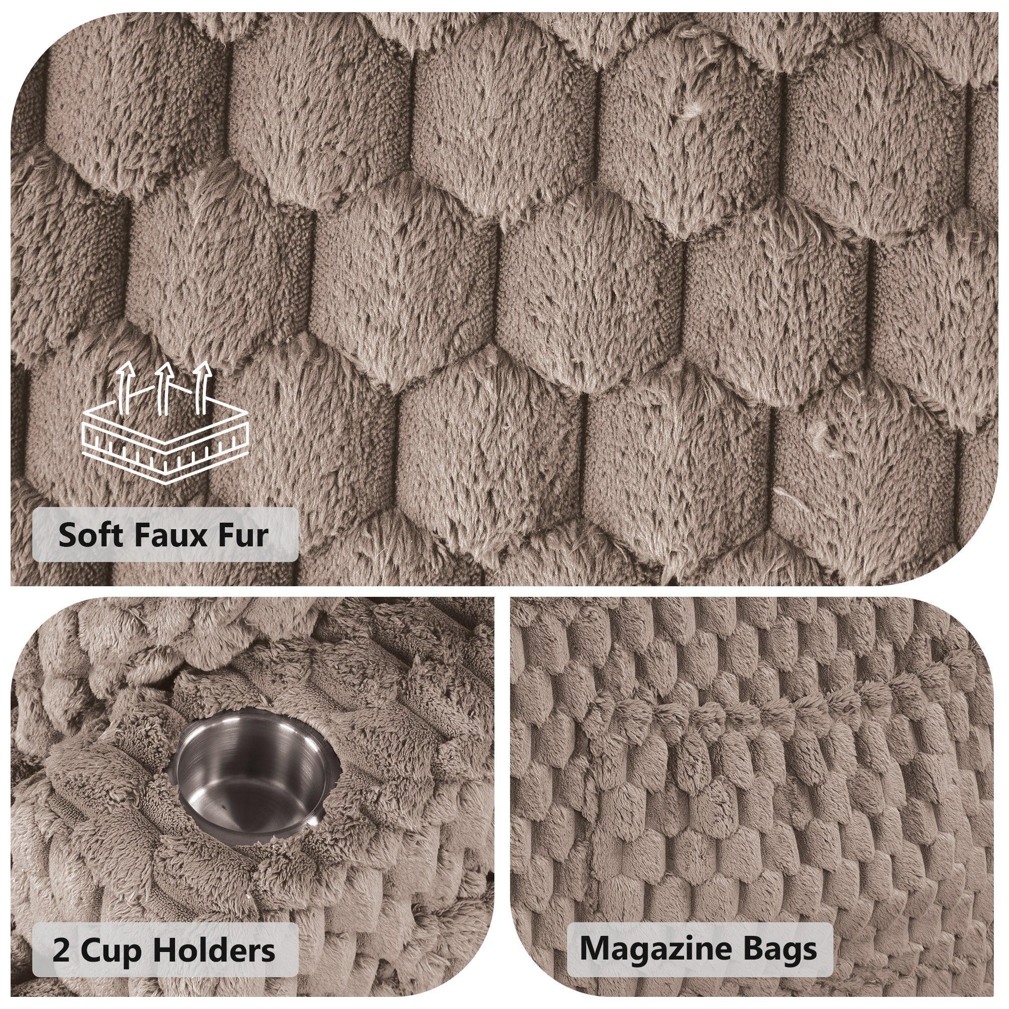 54 Inch Contemporary Indoor Upholstered Chaise Lounge Plush Sleeper Chair with Throw Pillows, 2 Cup Holders and Magazine Bags for Living Room