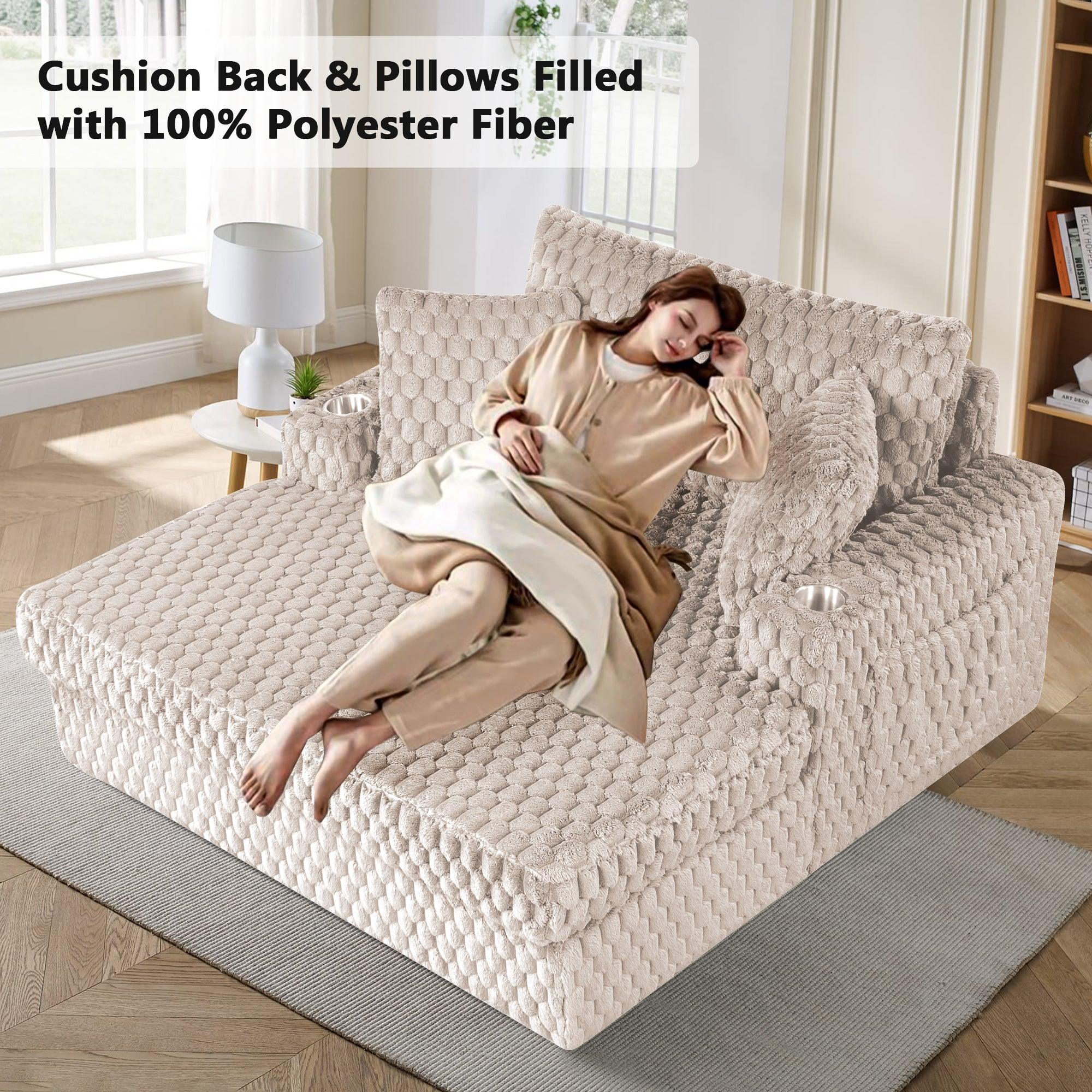 54 Inch Contemporary Indoor Upholstered Chaise Lounge Plush Sleeper Chair with Throw Pillows, 2 Cup Holders and Magazine Bags for Living Room